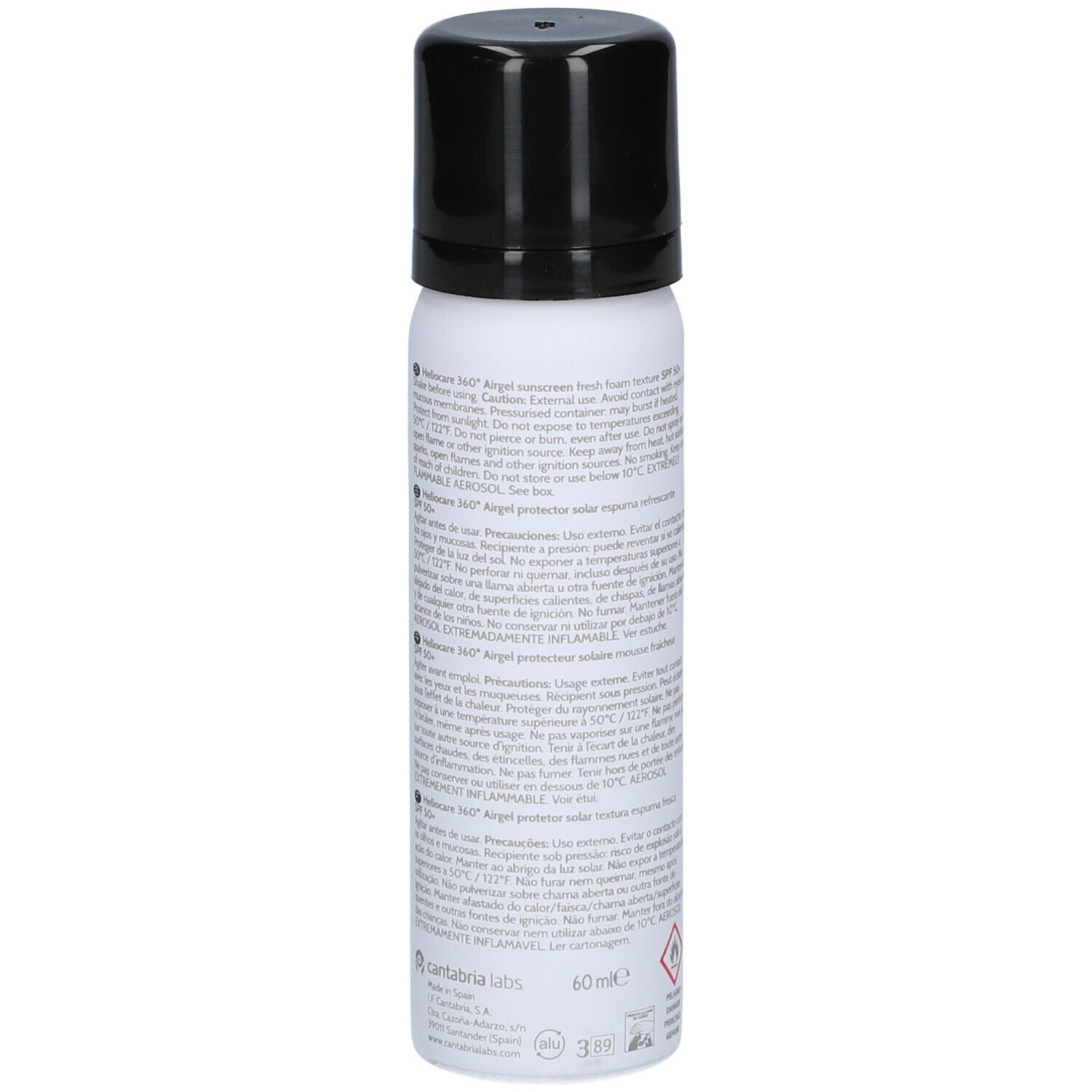 Heliocare 360° Airgel SPF50+ fles. Achterkant met tekst. Wit, zwarte tekst. Bevat waarschuwingen.