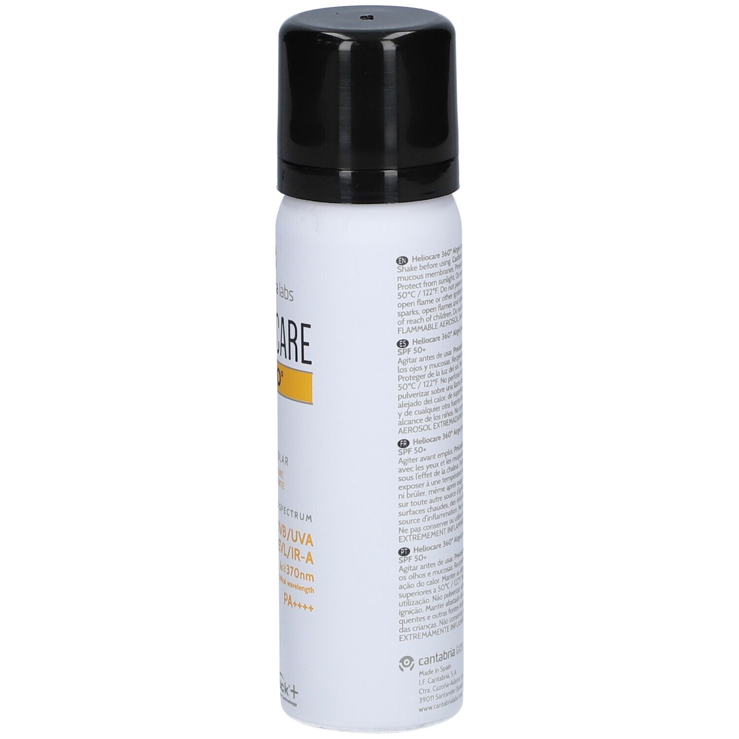 Heliocare 360° Airgel SPF50+ fles. Zijkant met tekst. Wit, zwarte tekst. Bevat informatie.