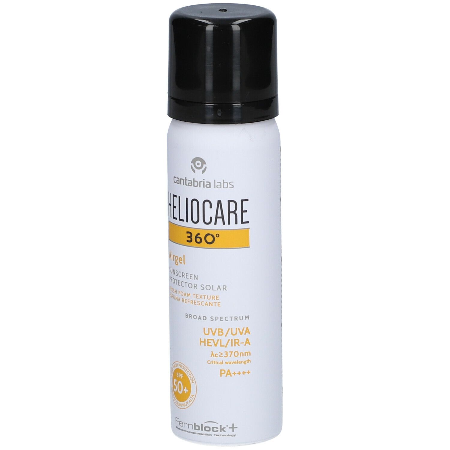 Heliocare 360° Airgel SPF50+ fles. Wit, zwarte dop. Gele en zwarte tekst. Bevat SPF 50+.