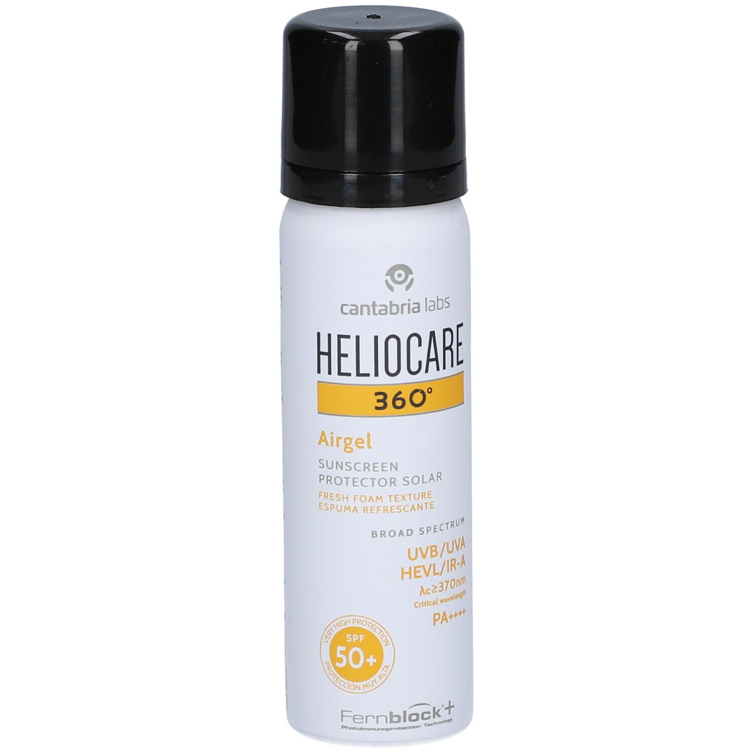 Heliocare 360° Airgel SPF50+ fles. Wit, zwarte dop. Gele en zwarte tekst. Bevat SPF 50+.