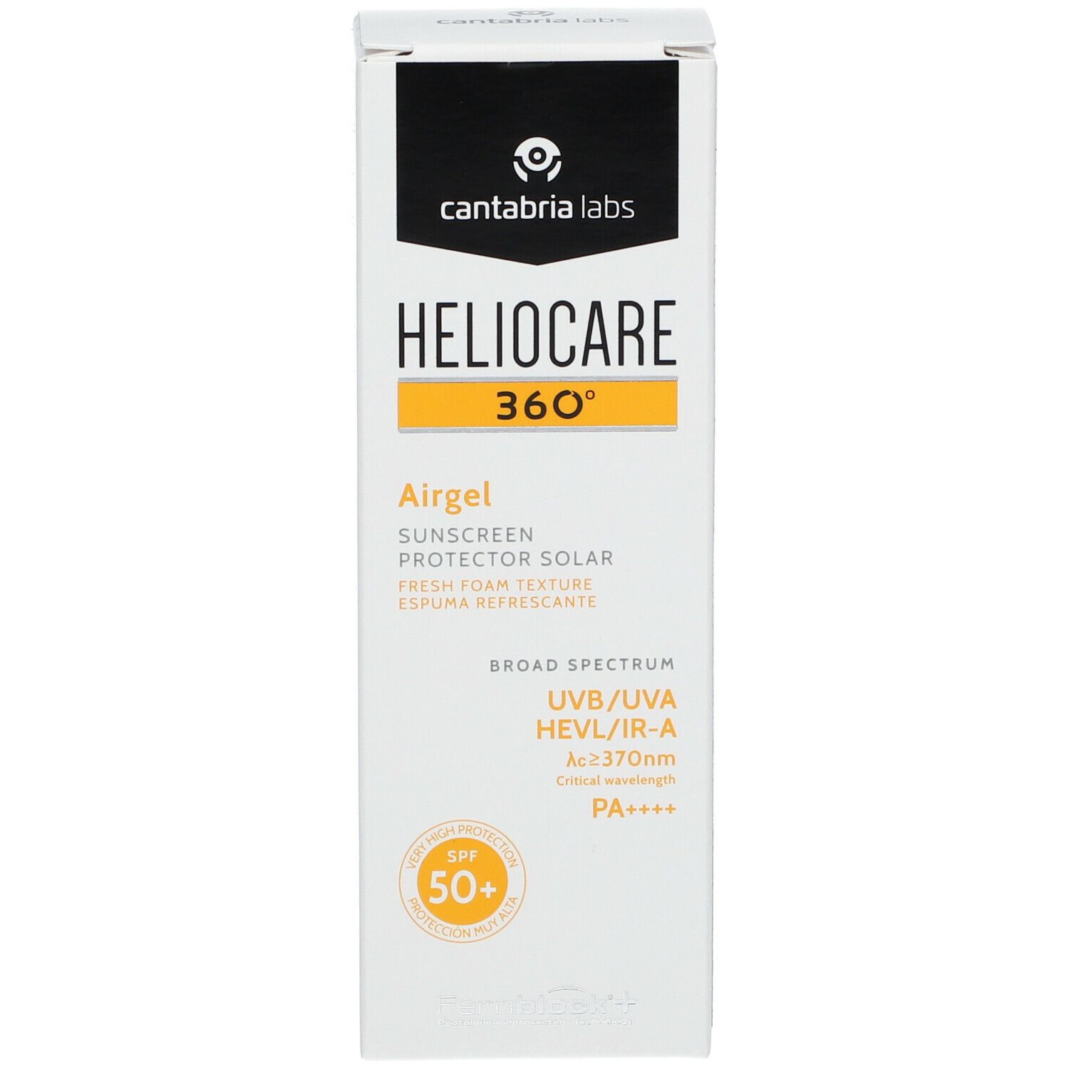 Heliocare 360° Airgel SPF50+ verpakking. Wit, geel, zwart. Bevat SPF 50+.
