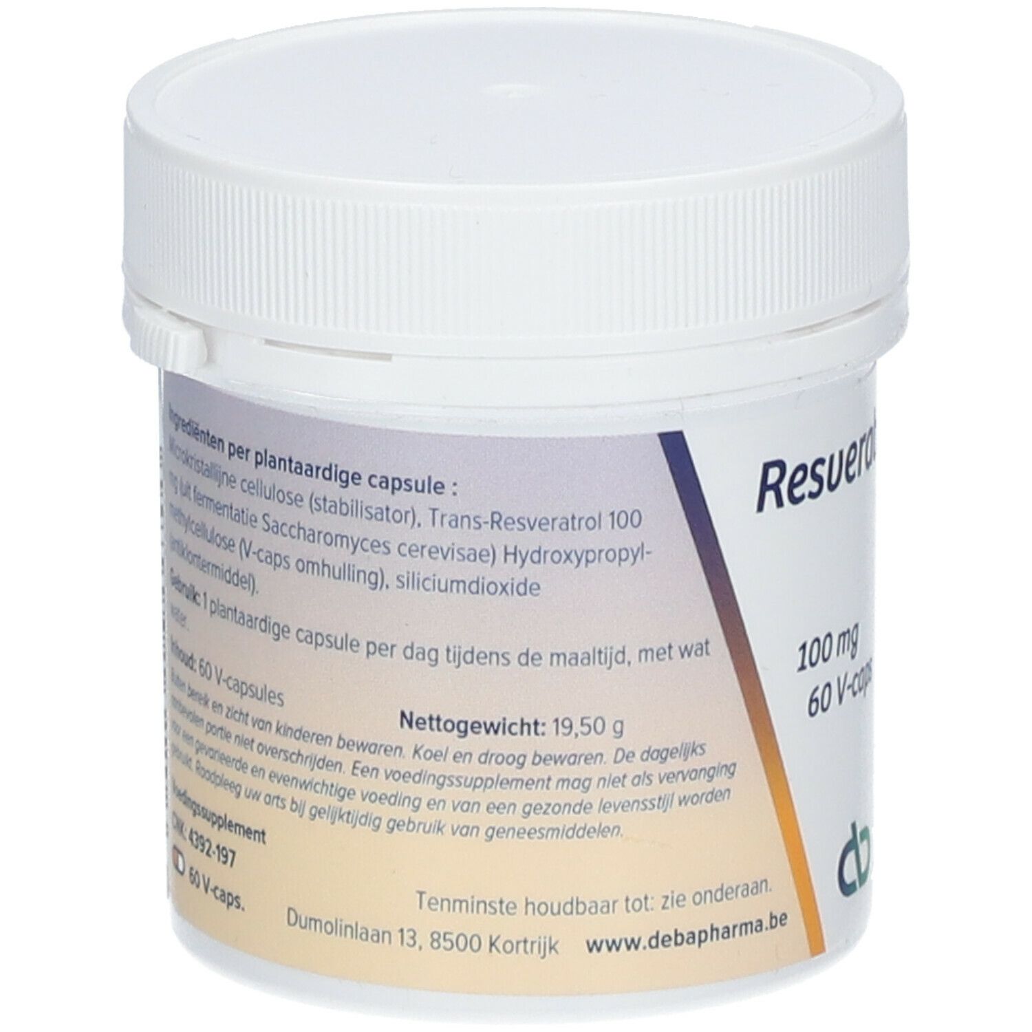 Witte pot, achterkant. Ingrediëntenlijst, informatie. Opschrift Resveratrol-100, 100 mg, 60 V-caps.
