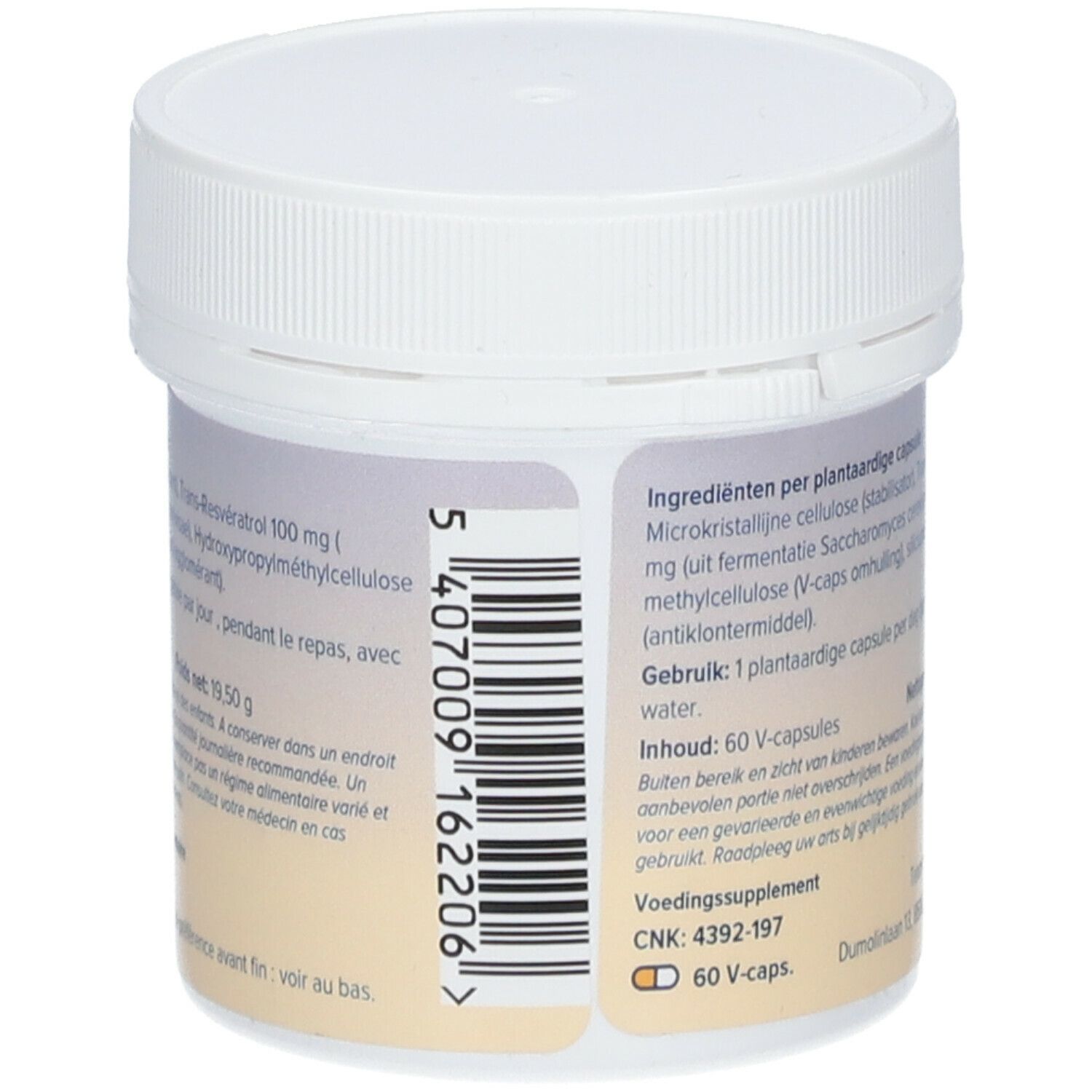 Witte pot, achterkant. Barcode, informatie. Opschrift Resveratrol-100, 100 mg, 60 V-caps.