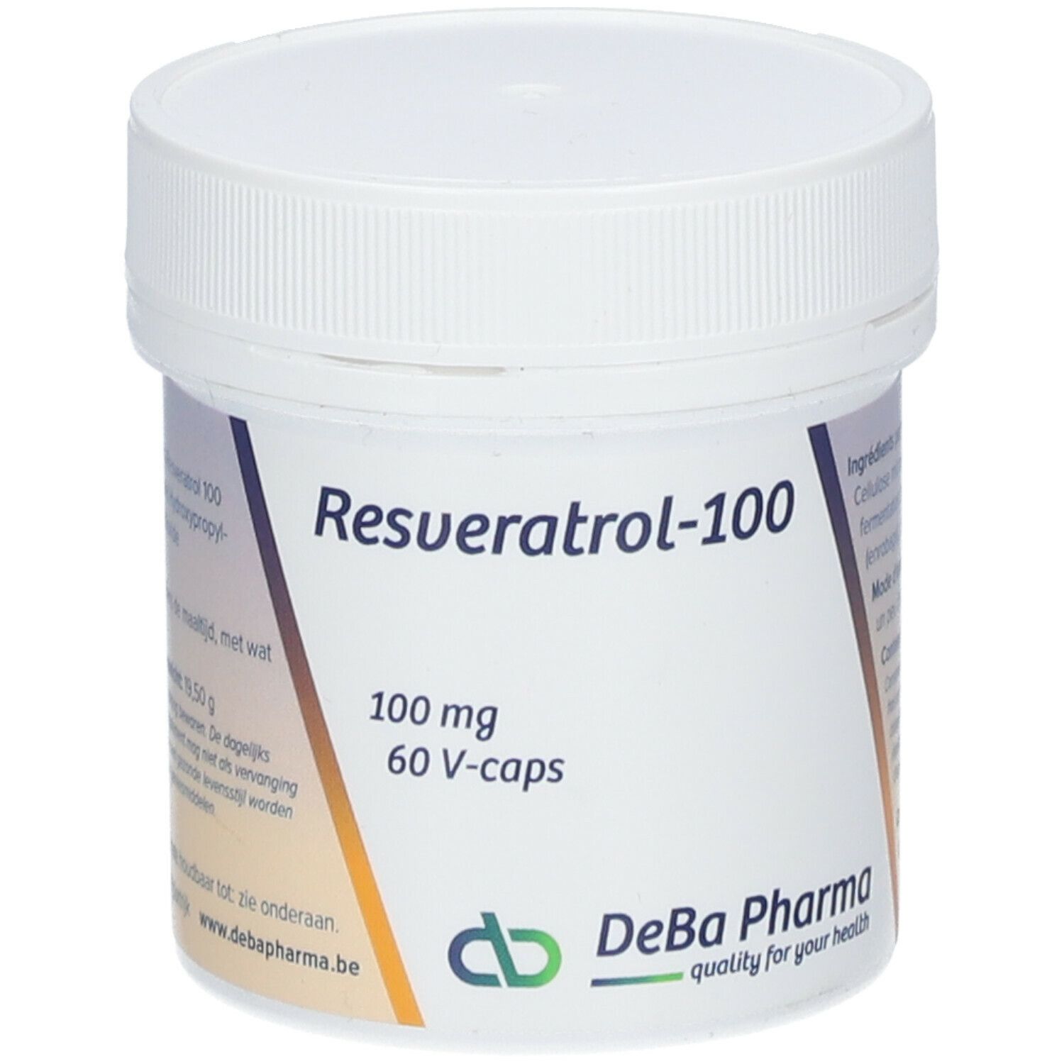Witte pot met deksel. Opschrift Resveratrol-100, 100 mg, 60 V-caps. DeBa Pharma logo.