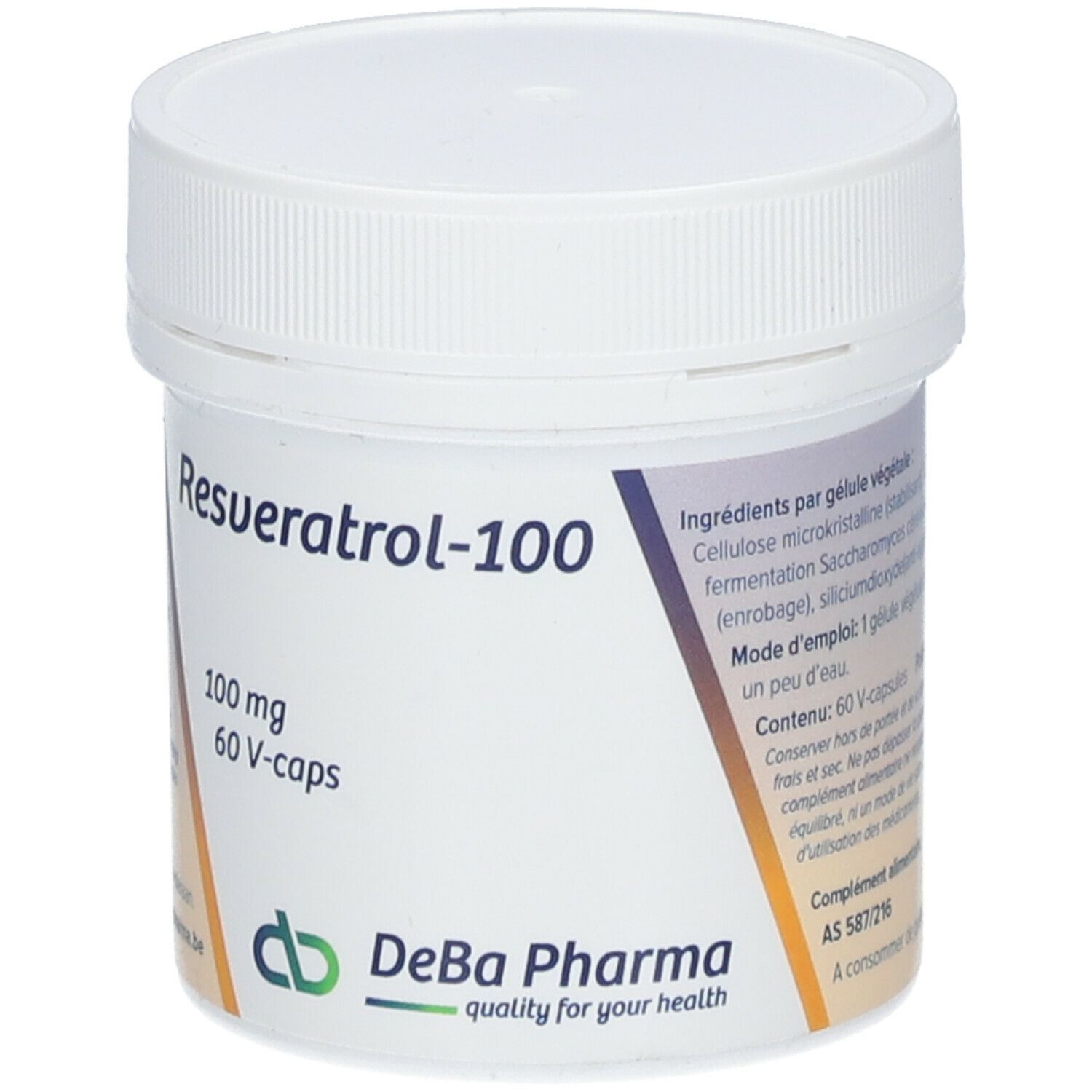 Witte pot met deksel. Opschrift Resveratrol-100, 100 mg, 60 V-caps. DeBa Pharma logo.