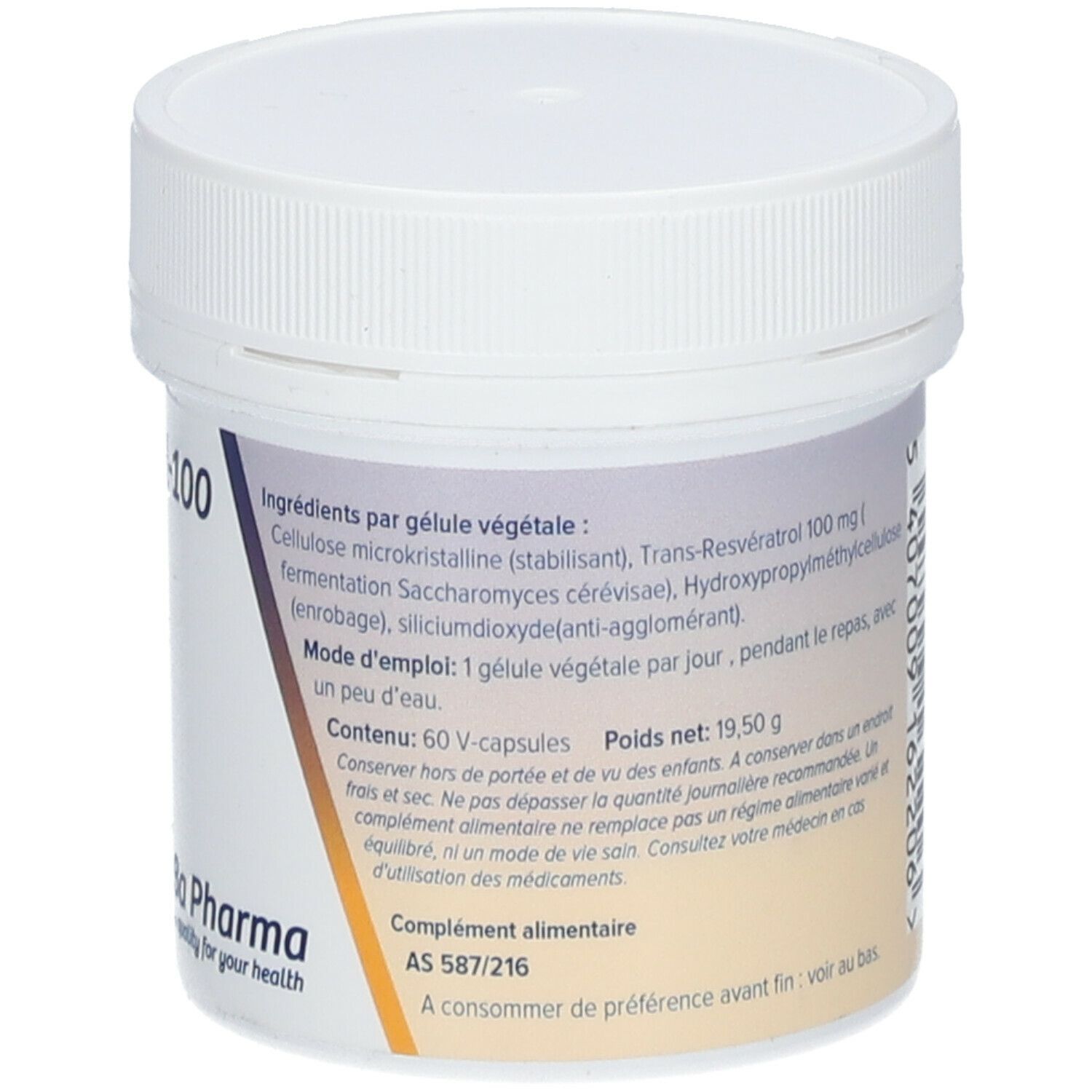 Witte pot, achterkant. Ingrediëntenlijst, informatie. Opschrift Resveratrol-100, 100 mg, 60 V-caps.