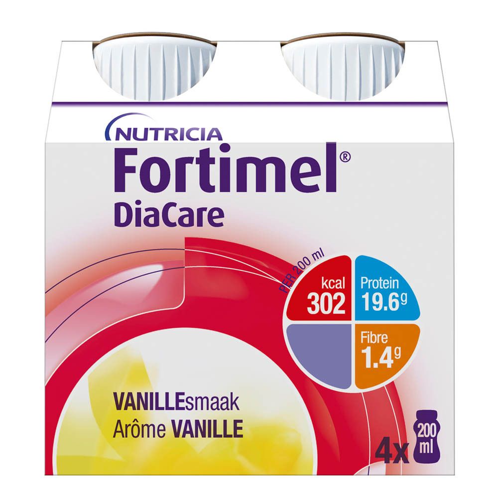 Verpakking van vier flessen Fortimel DiaCare Vanille. Paarse doppen, witte flessen met productinfo.