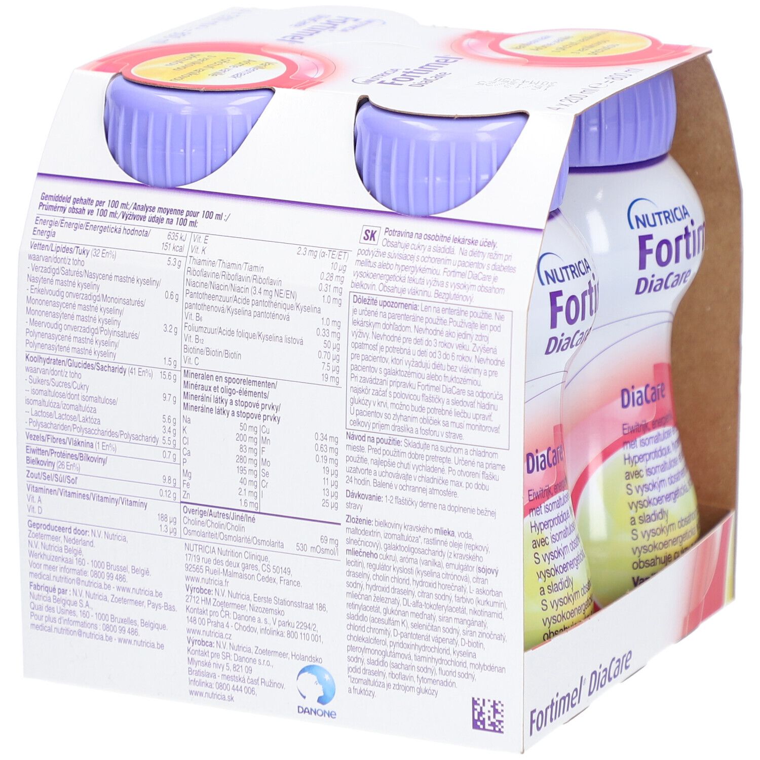 Achterkant van de verpakking van vier flessen Fortimel DiaCare Vanille. Productinfo en voedingswaarden.