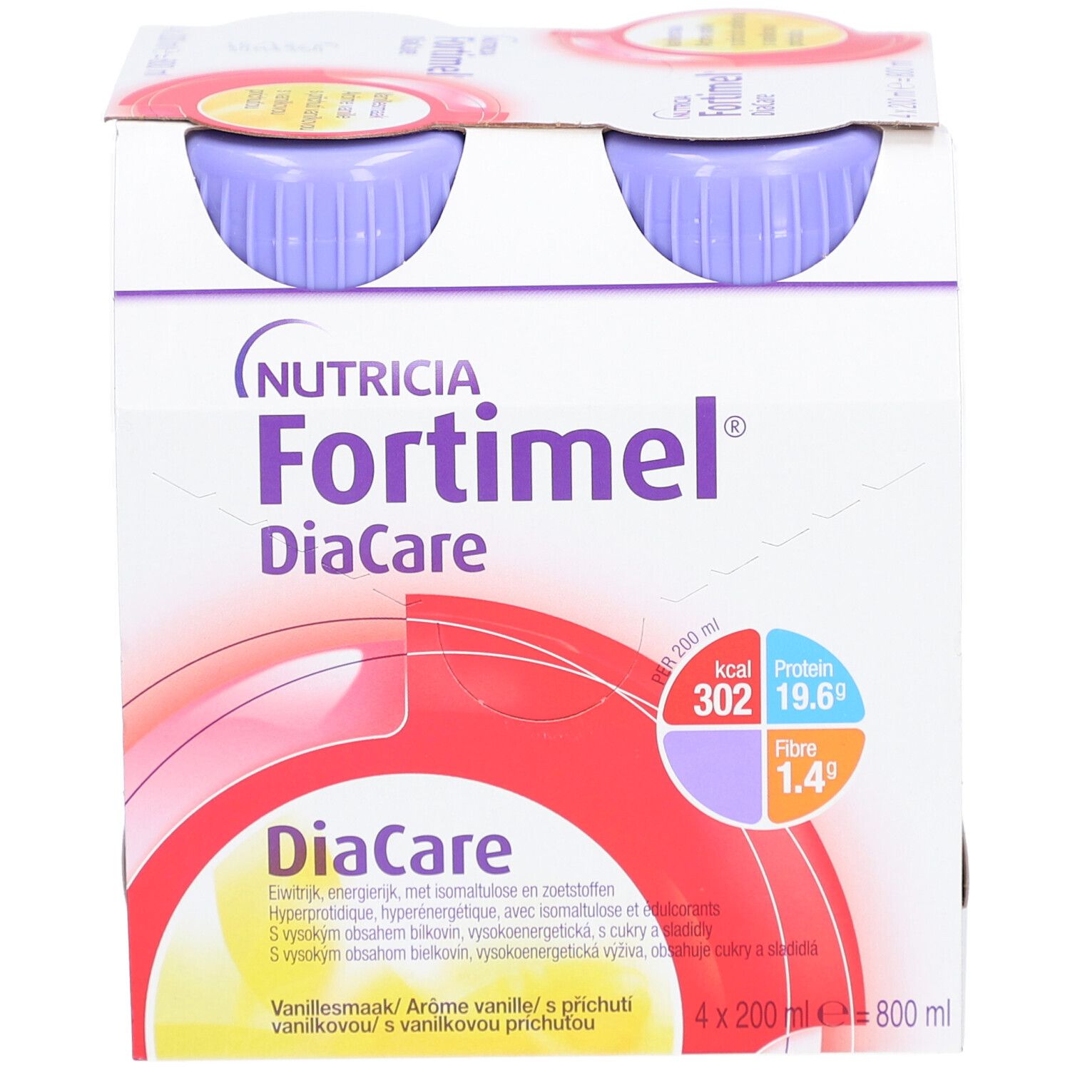 Verpakking van vier flessen Fortimel DiaCare Vanille. Paarse doppen, witte flessen met productinfo.