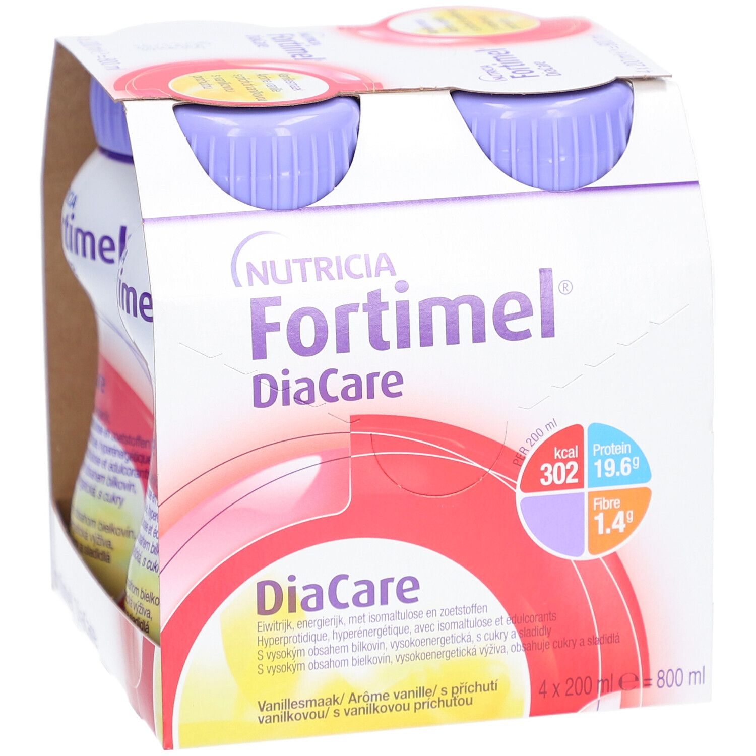 Verpakking van vier flessen Fortimel DiaCare Vanille. Paarse doppen, witte flessen met productinfo.