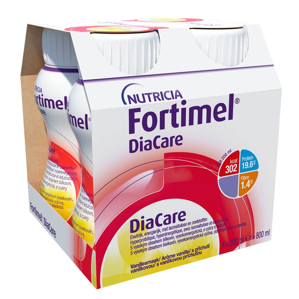 Enkele fles Fortimel DiaCare Vanille. Witte fles met paarse dop en productinfo.