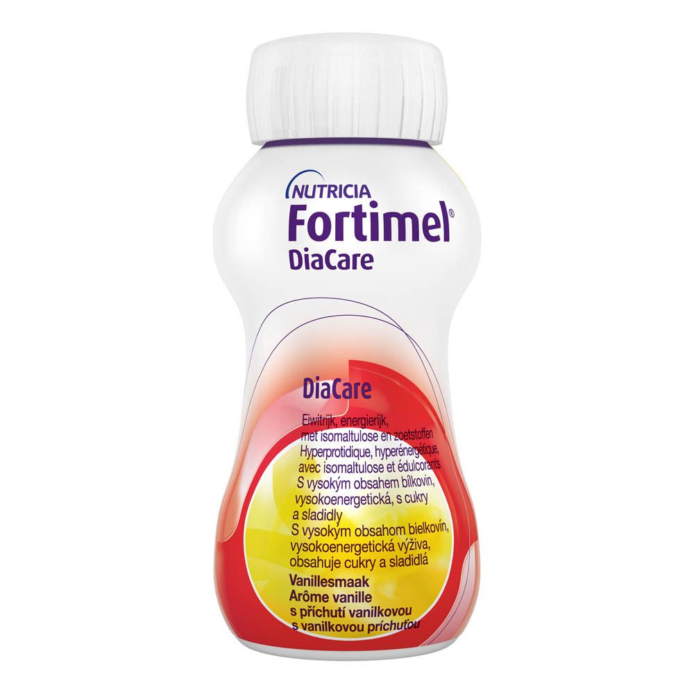 Fles Fortimel DiaCare Vanille. Witte fles, paarse dop, info en vanillesmaak.