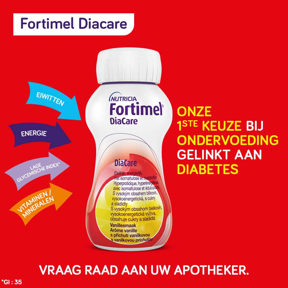 Reclamebeeld met fles Fortimel DiaCare Vanille. Rode achtergrond, productinfo en tekst.