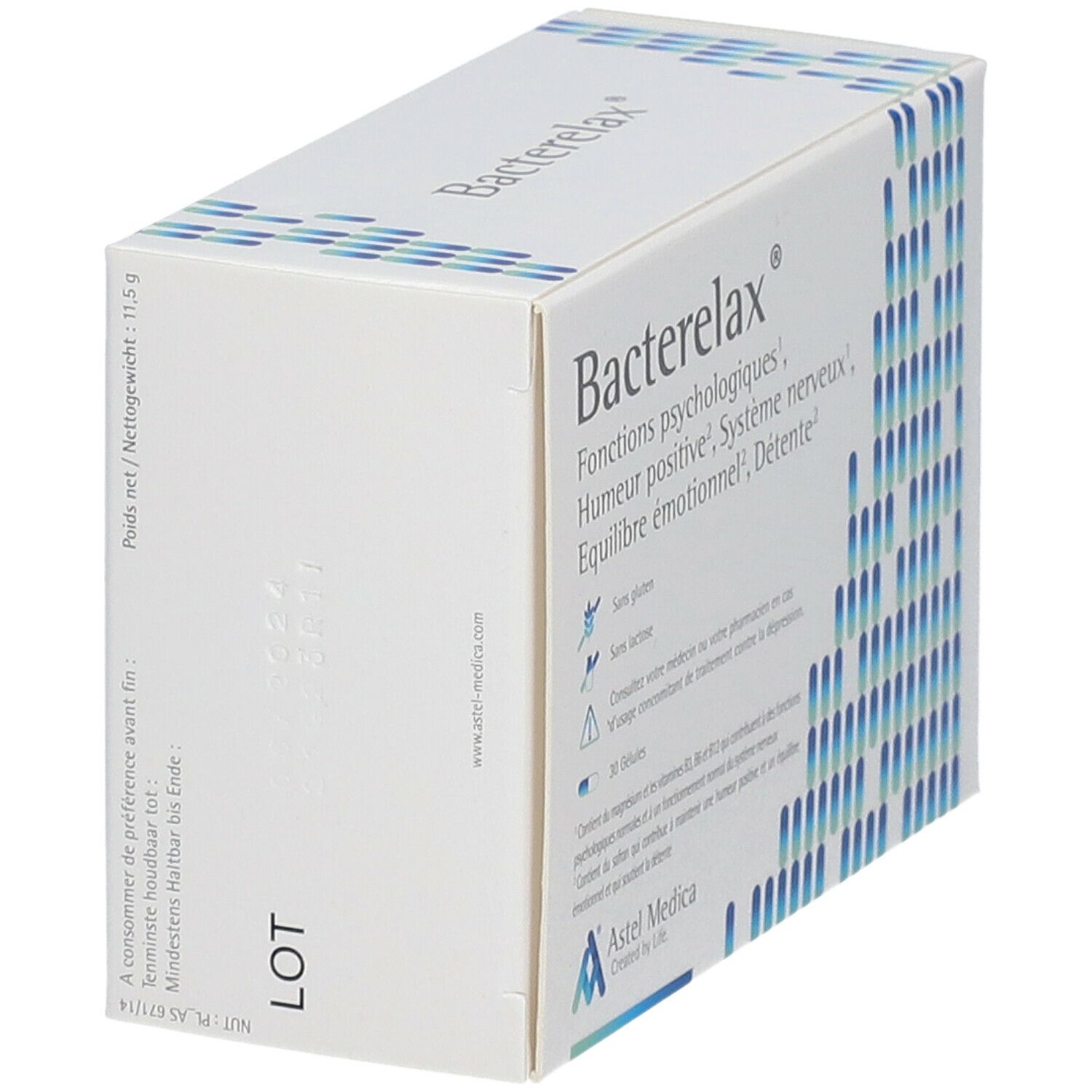 Boîte avec nom du produit et motifs bleus. Texte: Fonctions, humeur, système nerveux, équilibre émotionnel.