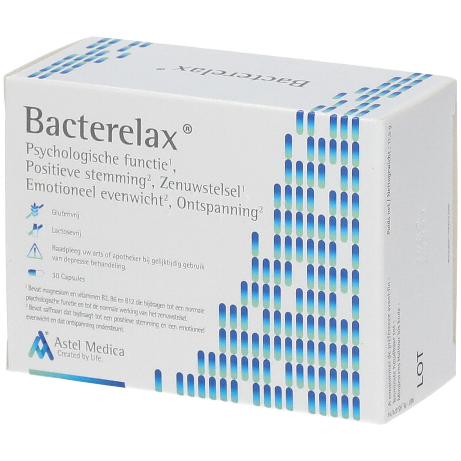 Boîte avec nom du produit et motifs bleus. Contient 30 gélules. Texte: Fonction psychologique, humeur positive.