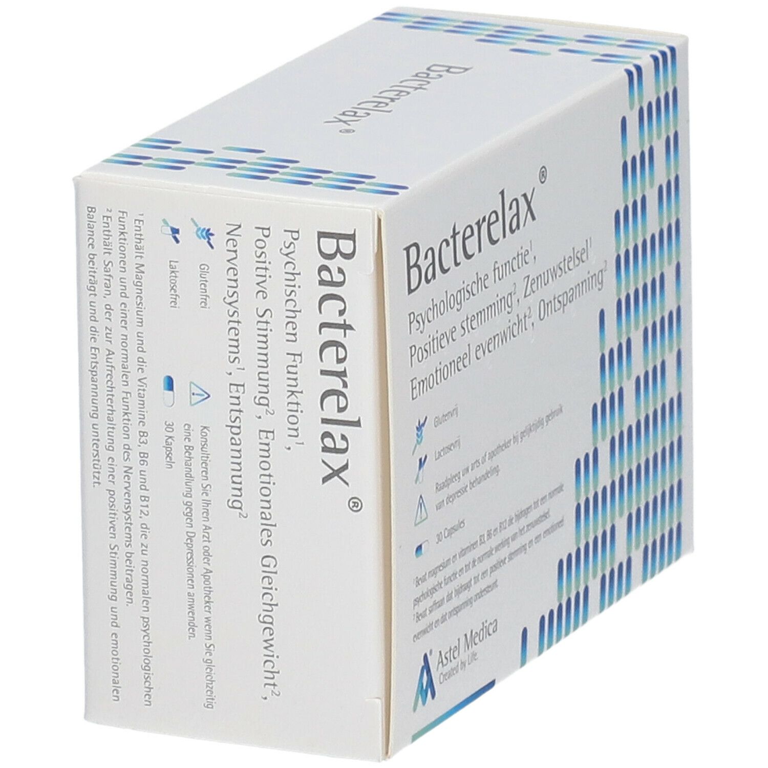 Boîte avec nom du produit et motifs bleus. Contient 30 gélules. Texte: Fonction psychique, système nerveux, détente.