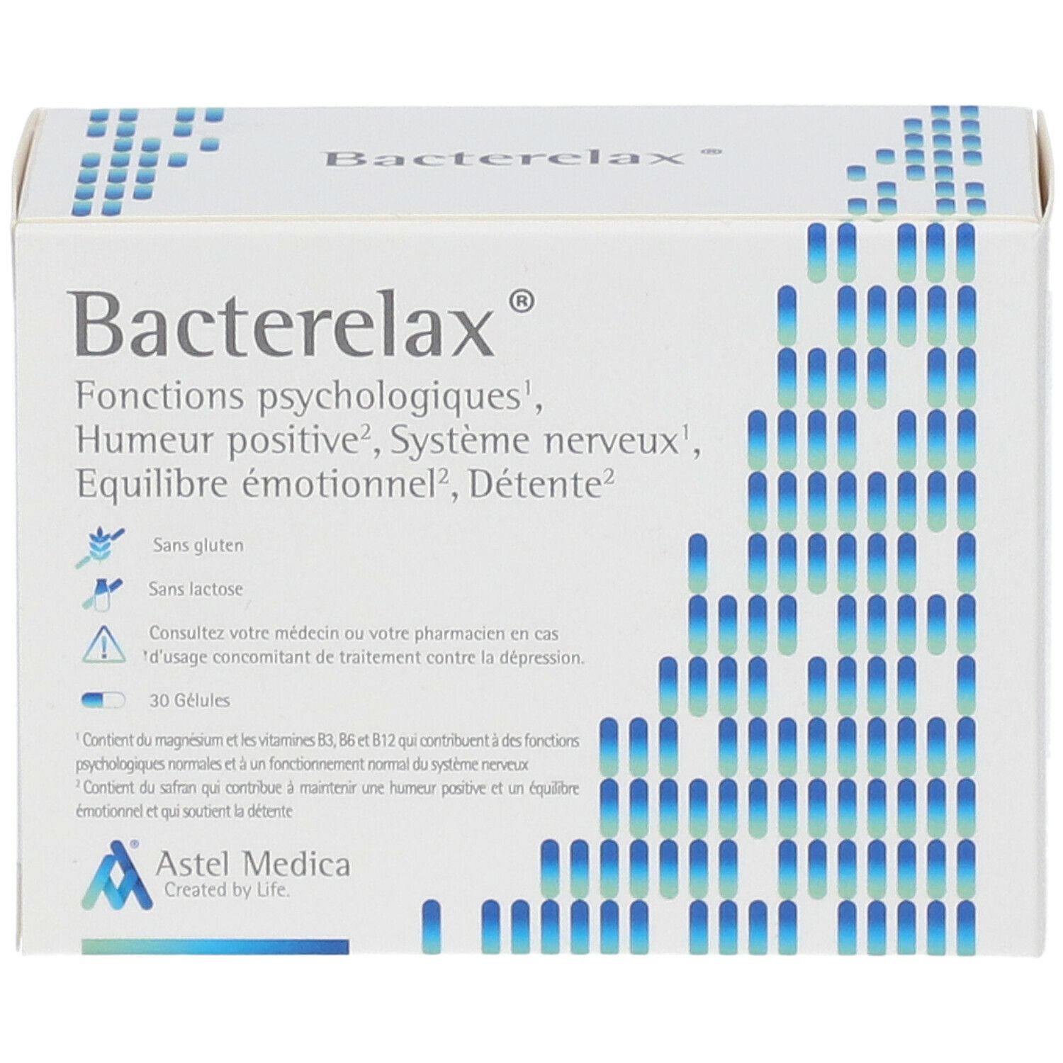 Boîte avec nom du produit et motifs bleus. Contient 30 gélules. Texte: Fonctions, humeur, système nerveux, équilibre émotionnel.