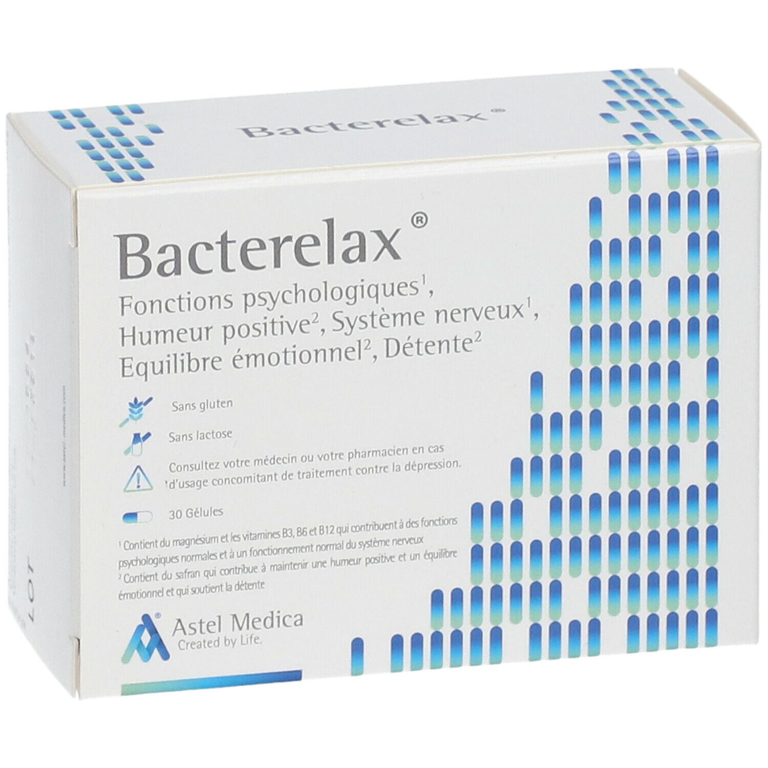 Boîte avec nom du produit et motifs bleus. Contient 30 gélules. Texte: Fonctions, humeur, système nerveux, équilibre émotionnel.