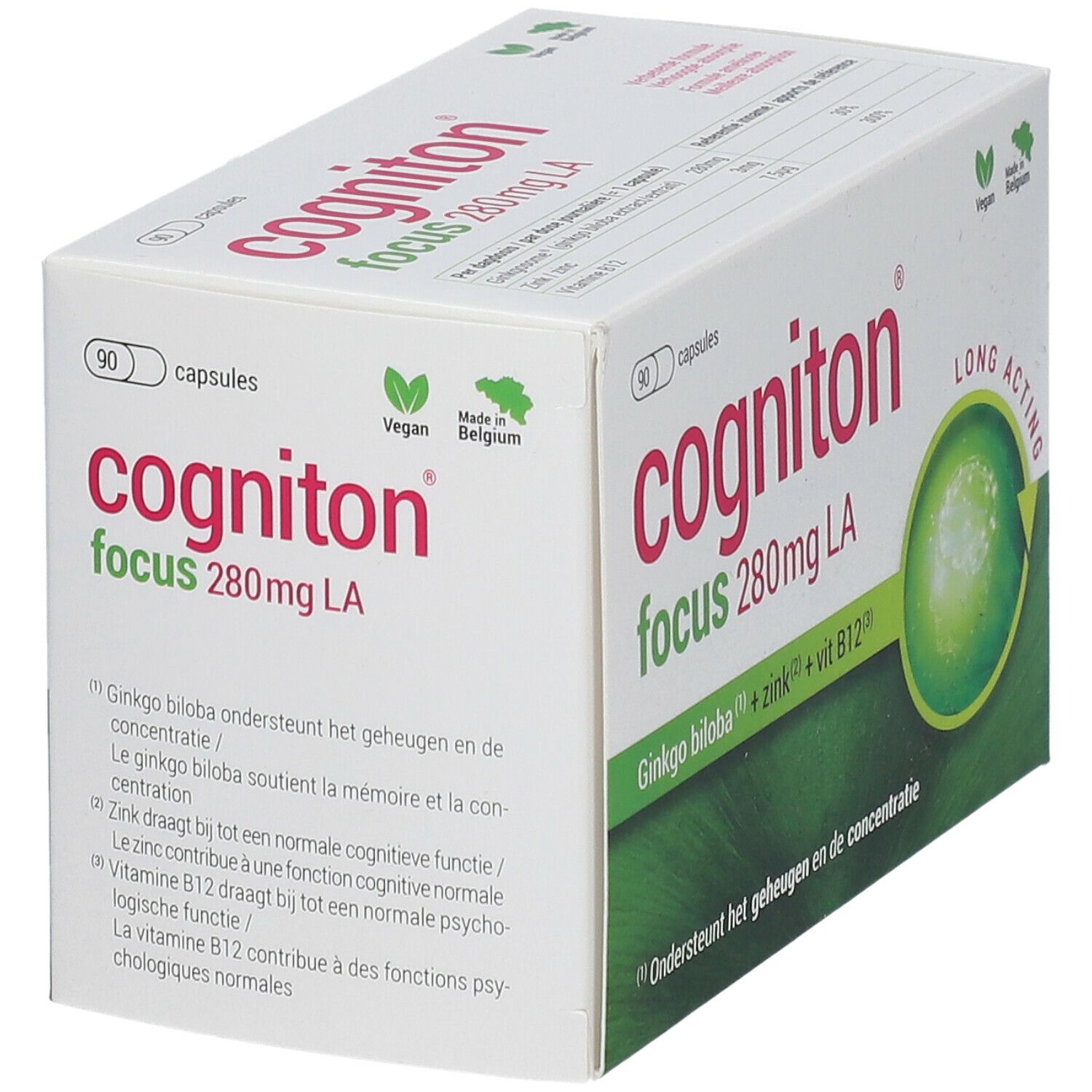 Witte doos met "Cogniton Focus 280mg LA" logo. Bevat 90 capsules. Vegan-keurmerk en herkomst België. Tekst in het Duits, Frans en Nederlands.
