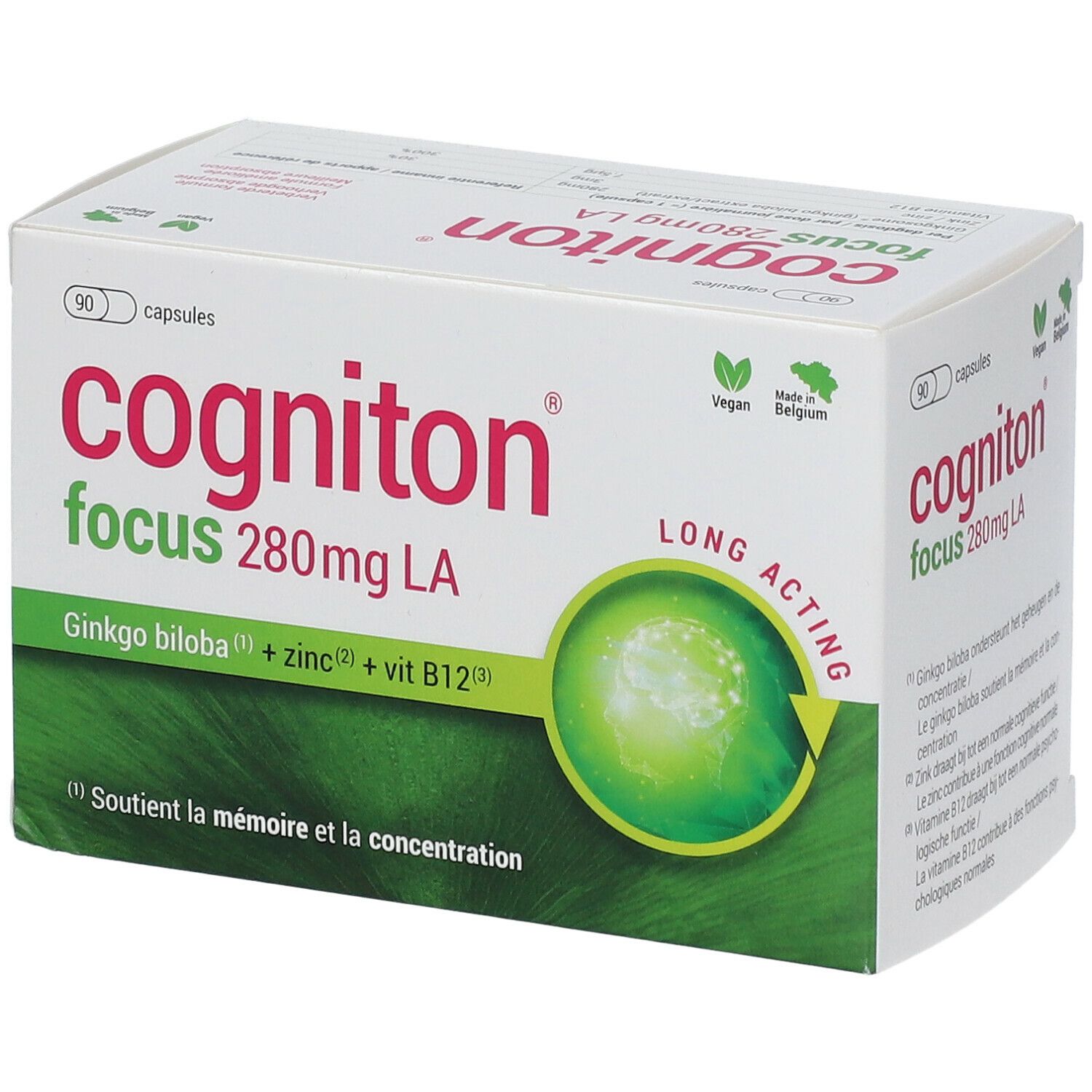 Witte doos met "Cogniton Focus 280mg LA" logo. Bevat 90 capsules. Vegan-keurmerk en herkomst België. Tekst in het Duits, Frans en Nederlands.