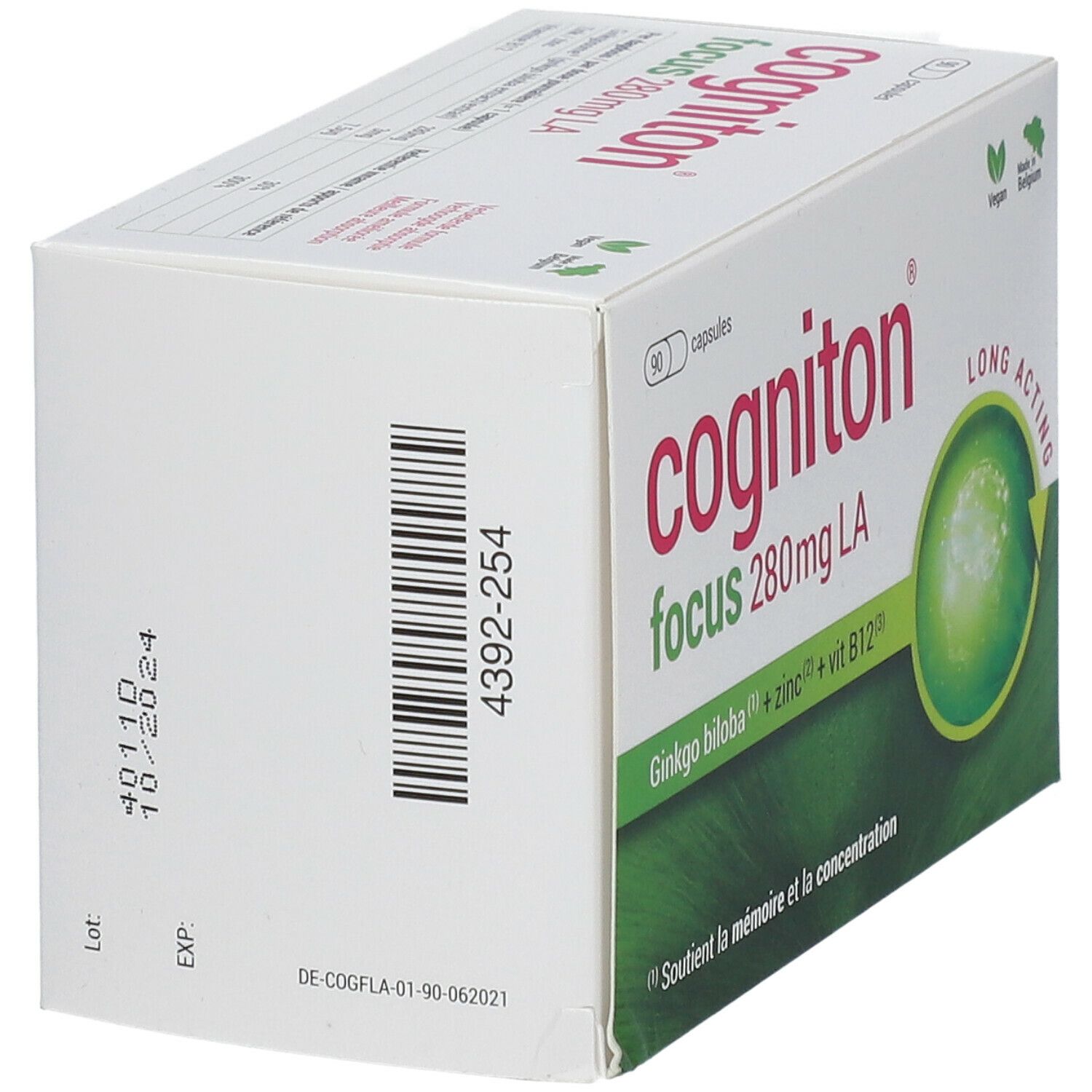 Witte doos met "Cogniton Focus 280mg LA" logo. Bevat 90 capsules. Vegan-keurmerk en herkomst België. Barcode en vervaldatum.