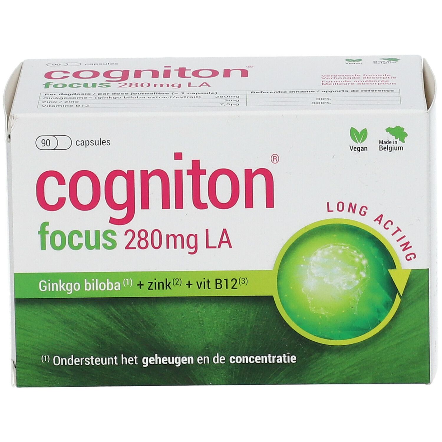 Witte doos met "Cogniton Focus 280mg LA" logo. Bevat 90 capsules. Vegan-keurmerk en herkomst België. Tekst in het Duits, Frans en Nederlands.