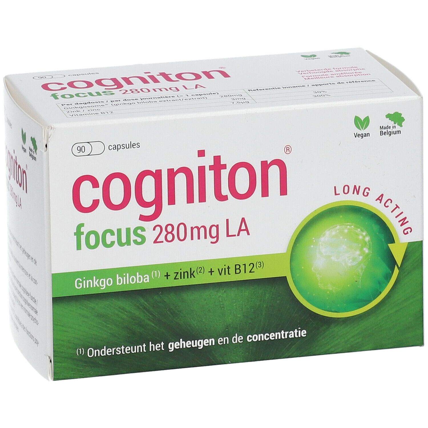 Witte doos met "Cogniton Focus 280mg LA" logo. Bevat 90 capsules. Vegan-keurmerk en herkomst België. Tekst in het Duits, Frans en Nederlands.