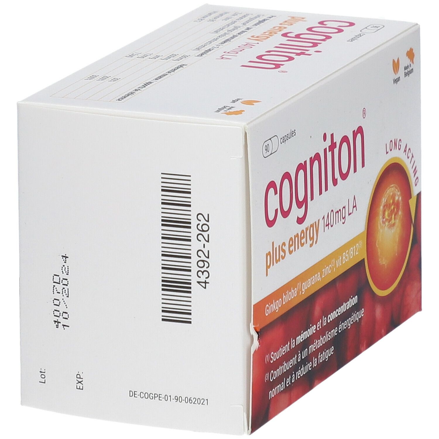 Witte doos "cogniton plus energy 140mg LA". Bevat 90 capsules. Vegan-zegel en "Made in Belgium". Barcode en vervaldatum op de zijkant.