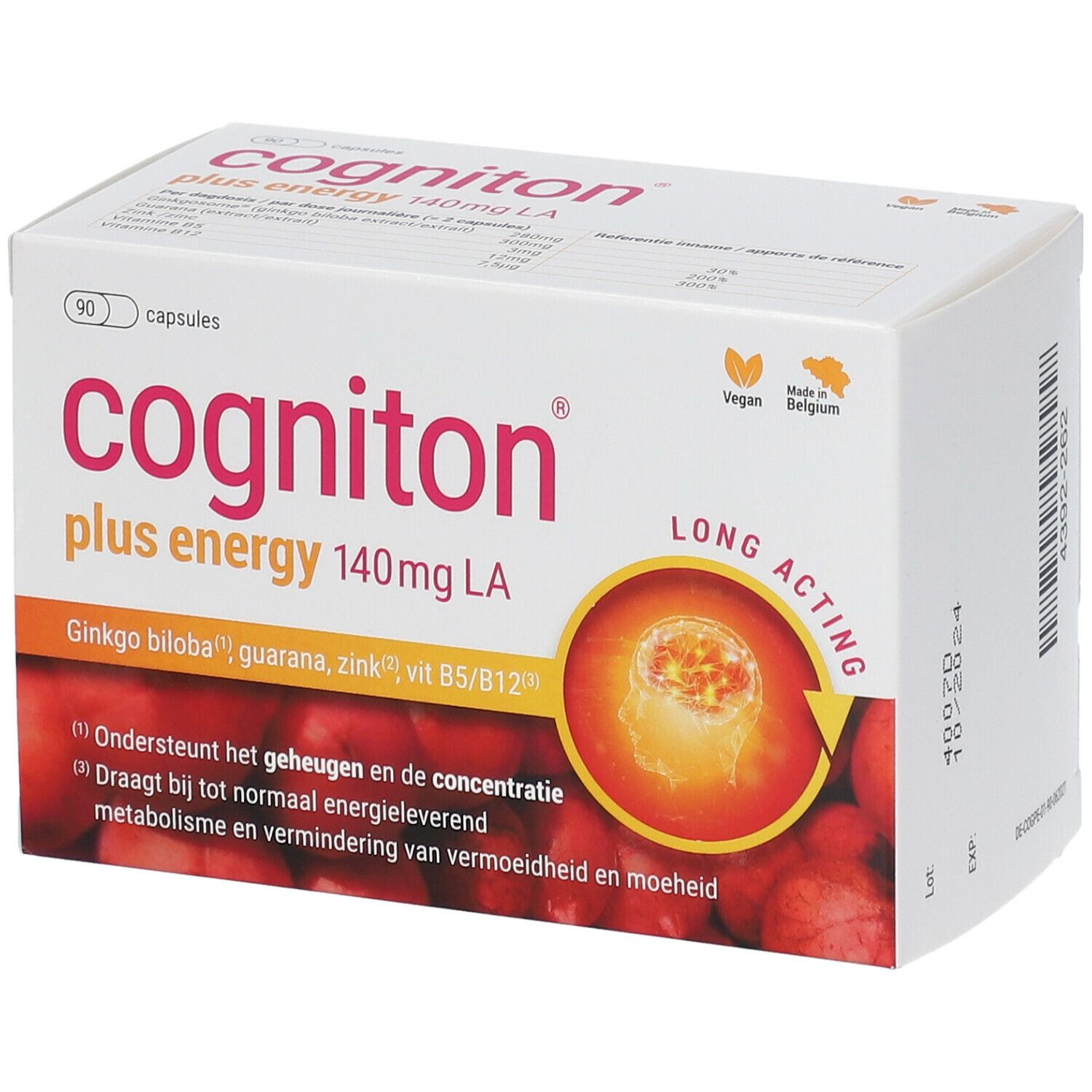 Witte doos "cogniton plus energy 140mg LA". Bevat 90 capsules. Vegan-zegel en "Made in Belgium". Tekst in het Duits en Nederlands.