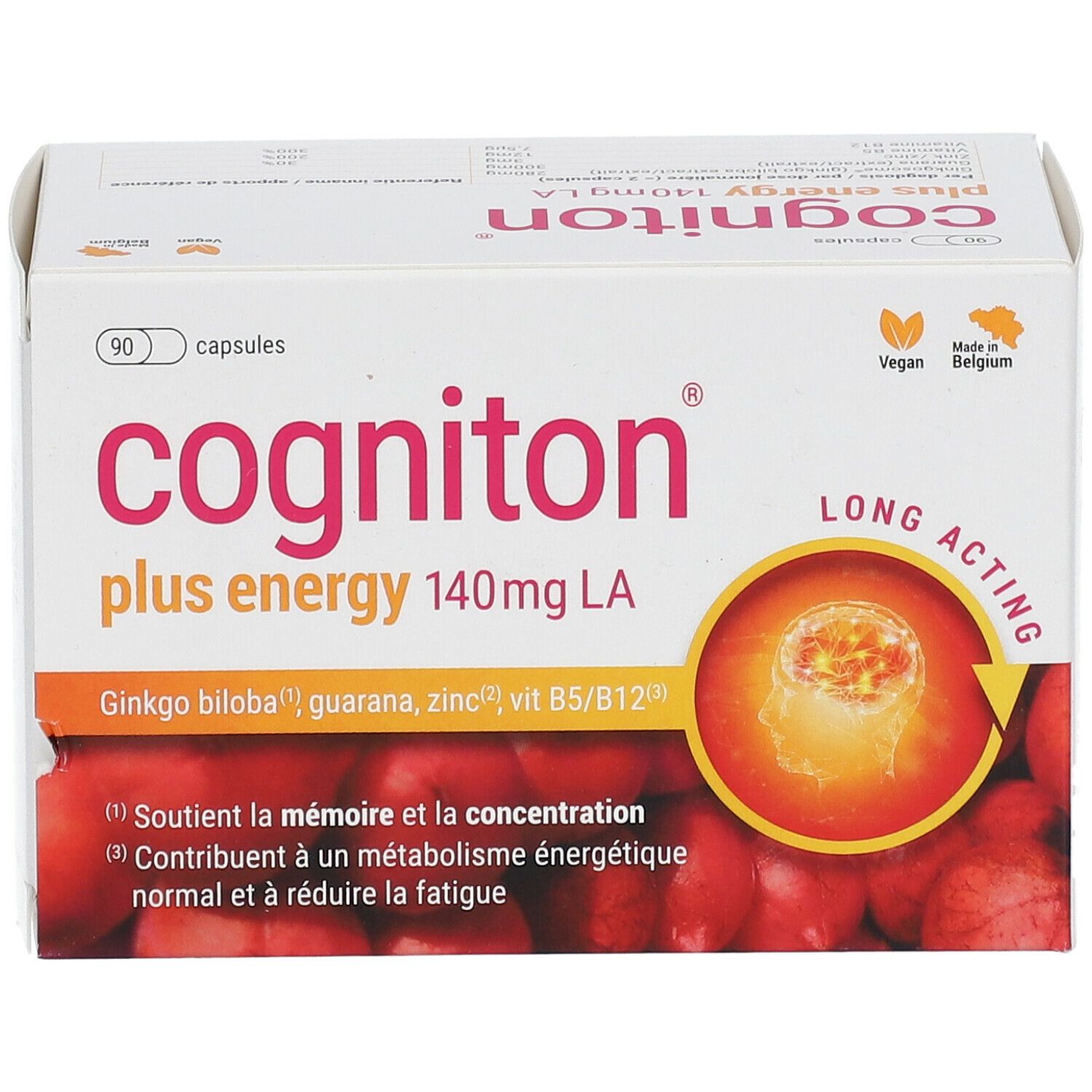Witte doos "cogniton plus energy 140mg LA". Bevat 90 capsules. Vegan-zegel en "Made in Belgium". Illustratie van een vrucht met een hersen.