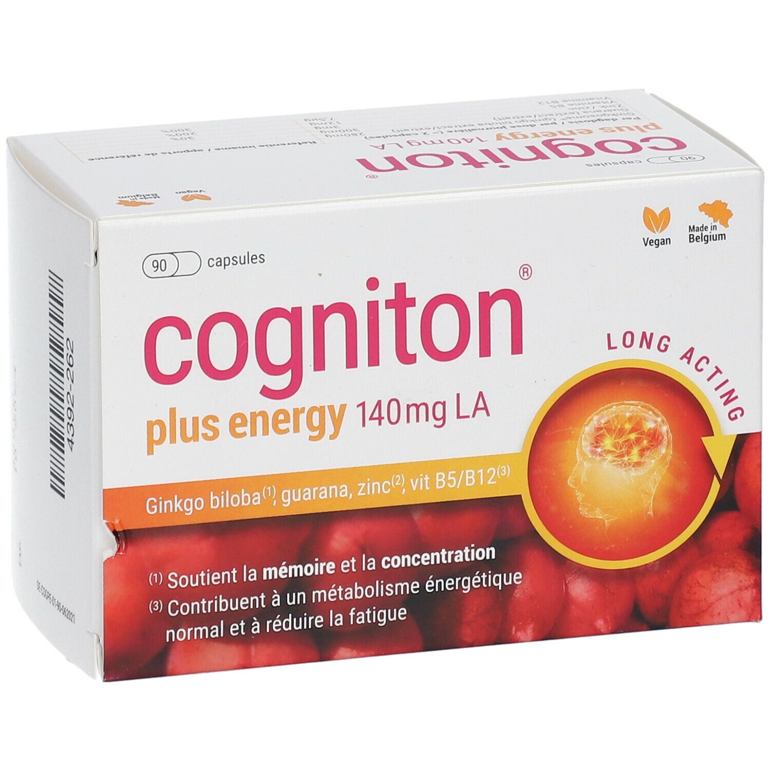 Witte doos "cogniton plus energy 140mg LA". Bevat 90 capsules. Vegan-zegel en "Made in Belgium". Illustratie van een vrucht met een hersen.