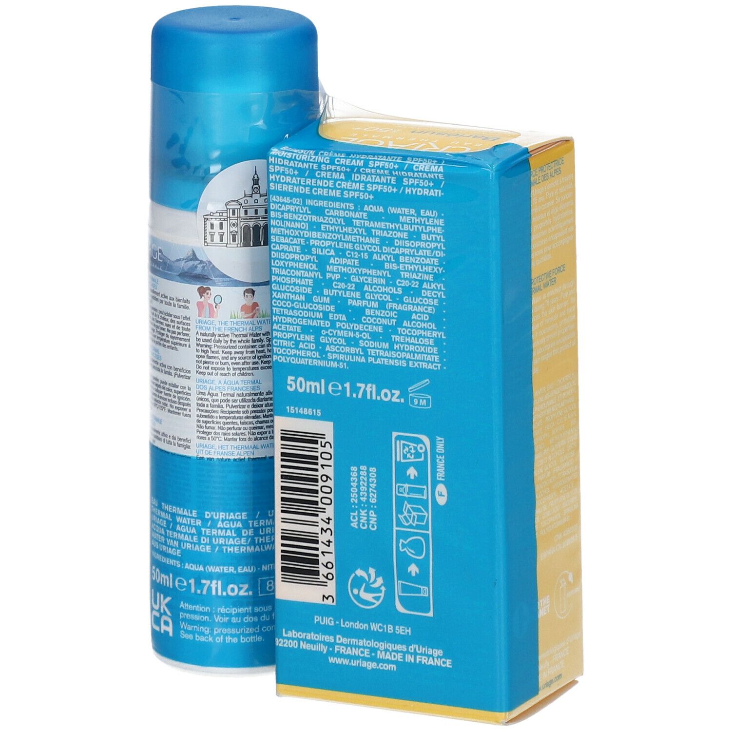 Rückansicht von gelber Schachtel und blauer Sprühflasche. Auf der Schachtel steht "URIAGE". Auf der Flasche steht "EAU THERMALE".