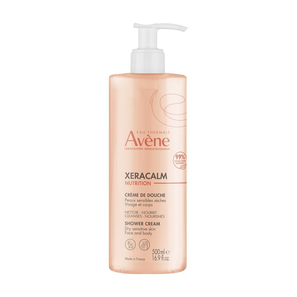 Roze fles Avene XeraCalm NUTRITION met witte pomp. Tekst: Douchecrème, droge gevoelige huid, 500ml.