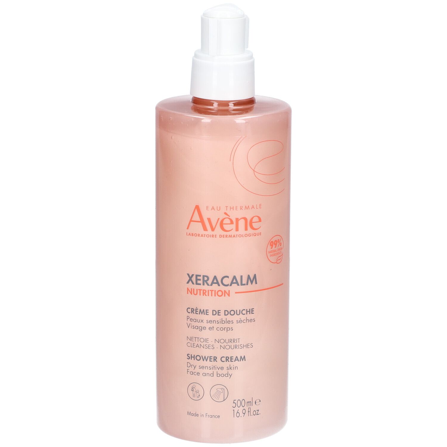 Roze fles Avene XeraCalm NUTRITION met witte pomp. Tekst: Douchecrème, droge gevoelige huid, 500ml.