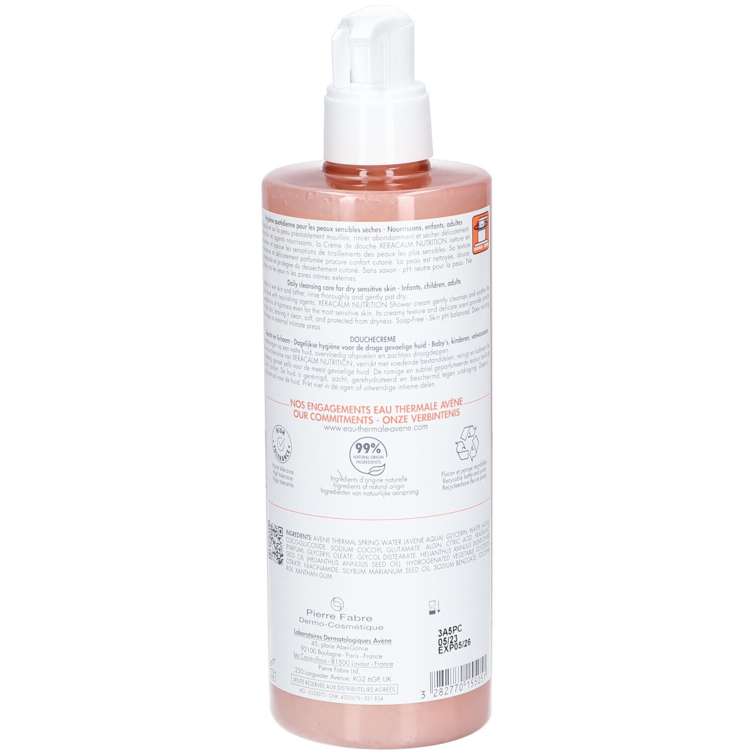 Achterkant van de Avene XeraCalm NUTRITION fles. Tekst en logo's. 99% ingrediënten van natuurlijke oorsprong.