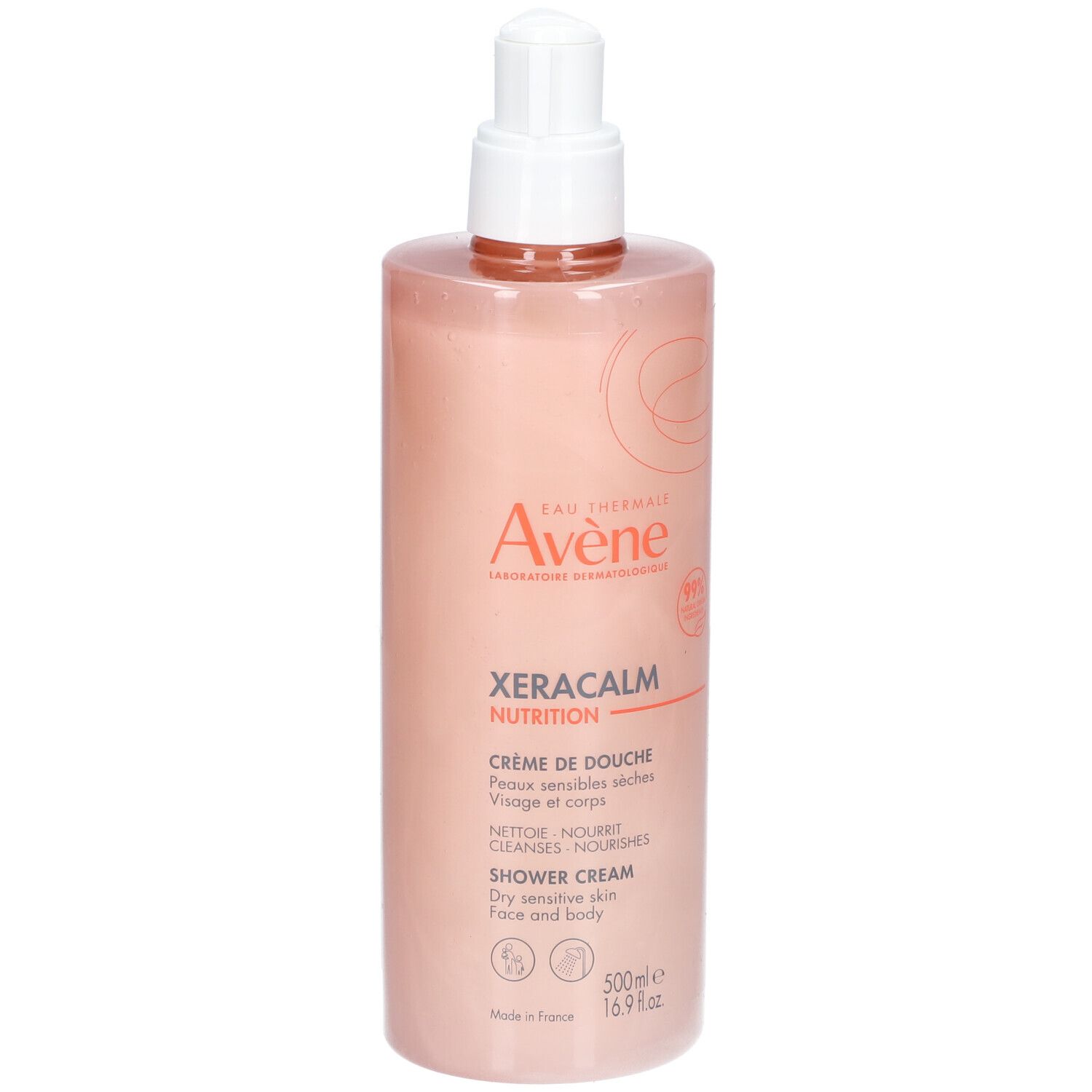 Roze fles Avene XeraCalm NUTRITION met witte pomp. Tekst: Douchecrème, droge gevoelige huid, 500ml.
