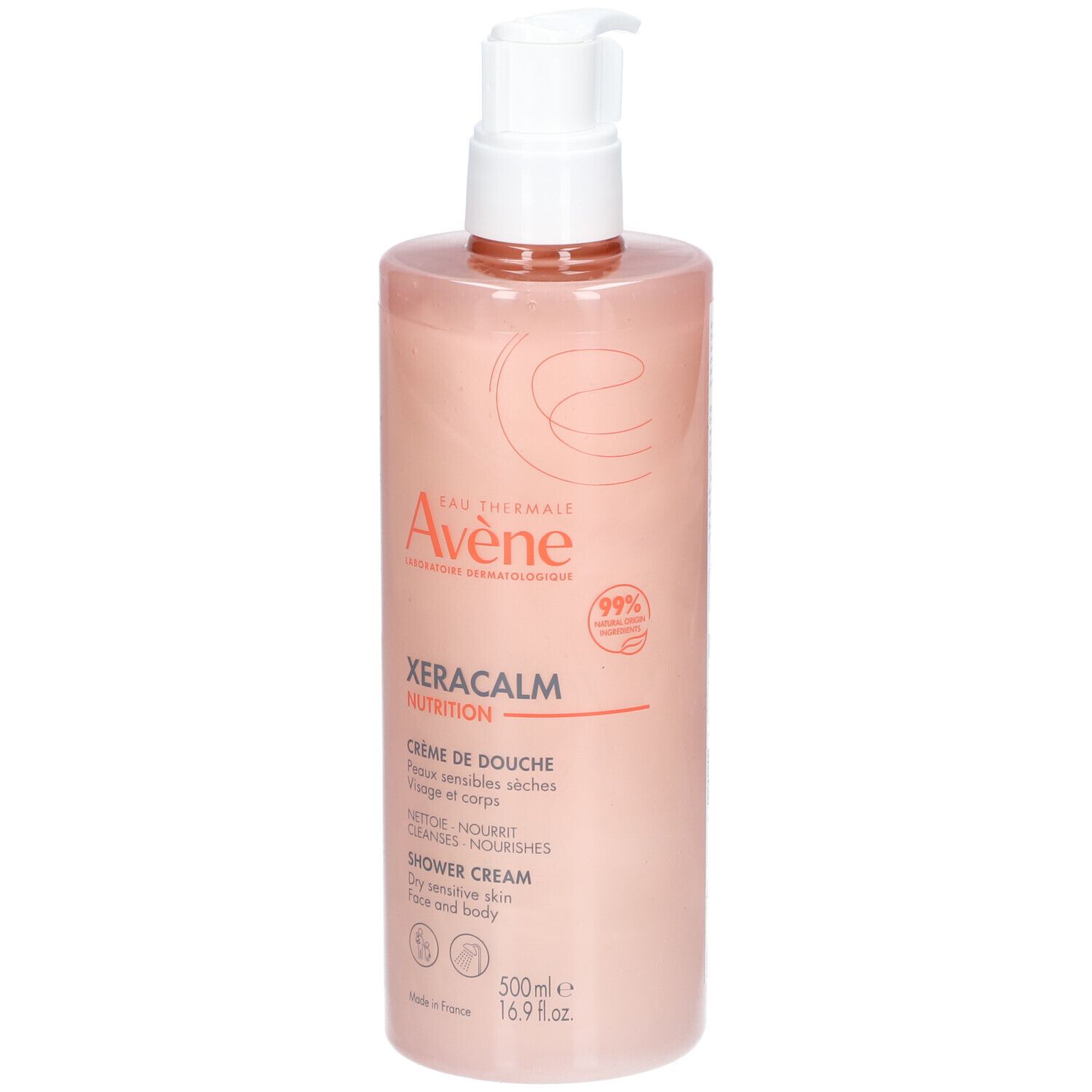 Roze fles Avene XeraCalm NUTRITION met witte pomp. Tekst: Douchecrème, droge gevoelige huid, 500ml.