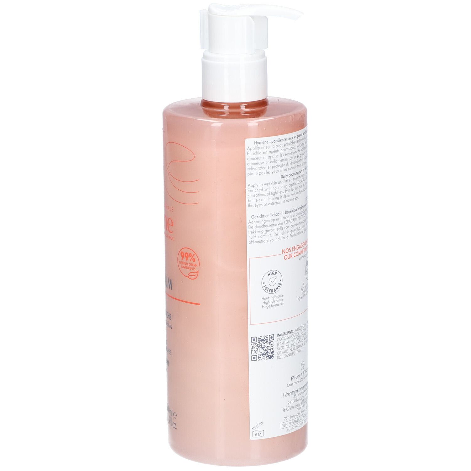 Achterkant van de Avene XeraCalm NUTRITION fles. Tekst en logo's. 99% ingrediënten van natuurlijke oorsprong.