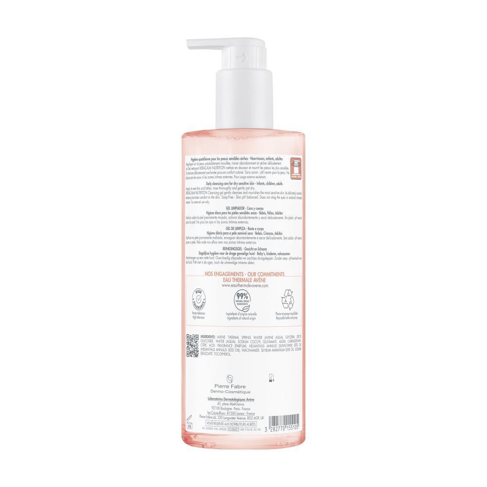 Rückseite der Avene XeraCalm NUTRITION Duschcreme-Flasche. Text und Logos. 99% Inhaltsstoffe natürlichen Ursprungs.