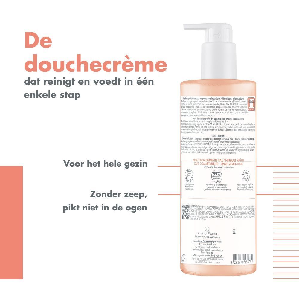 Achterkant van de Avene XeraCalm NUTRITION fles. Tekst en logo's. 99% ingrediënten van natuurlijke oorsprong.