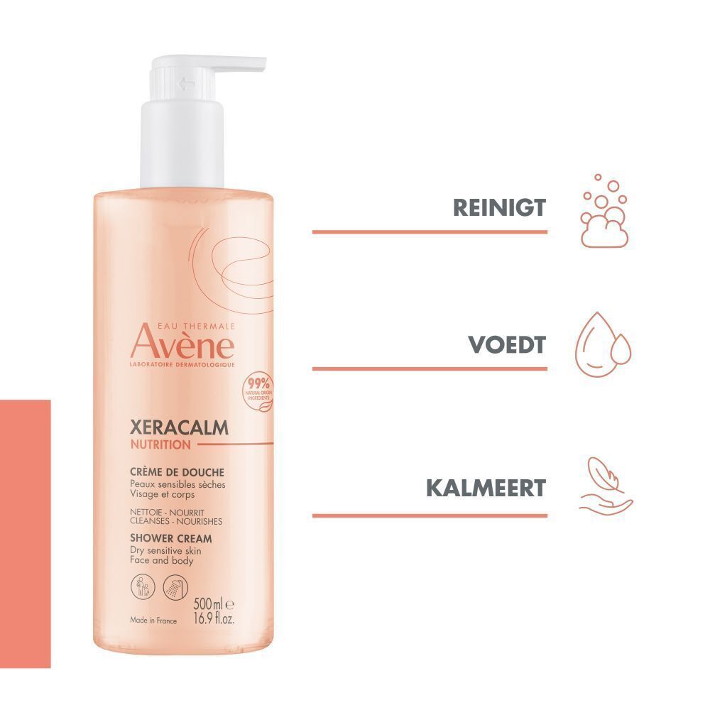 Roze fles Avene XeraCalm NUTRITION met witte pomp. Tekst: Douchecrème, droge gevoelige huid, 500ml.
