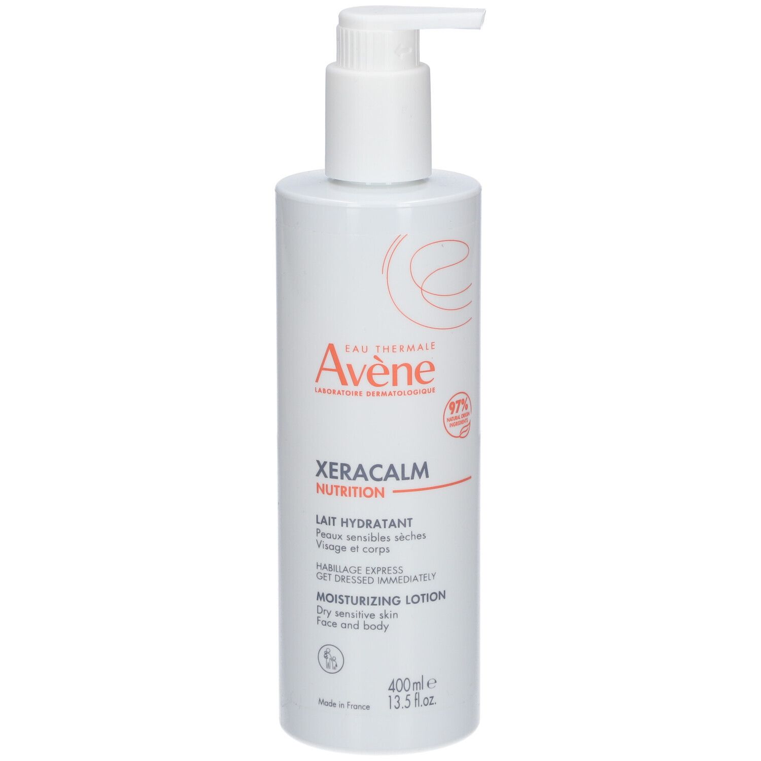 Witte fles met pomp. Opschrift: Avène XeraCalm Nutrition, hydraterende lotion. 400ml.