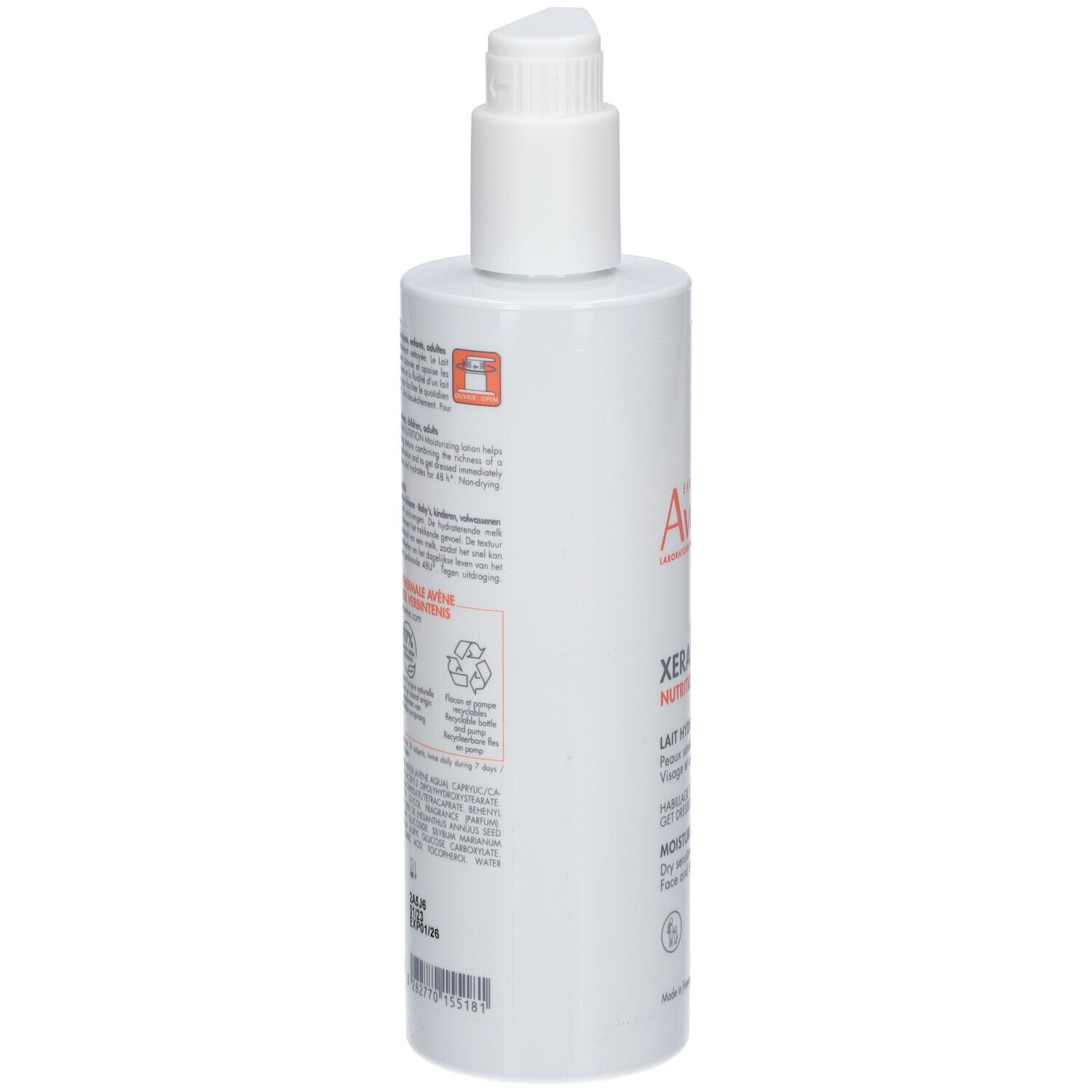 Achterkant van de witte fles met tekst en logo's. Bevat informatie over ingrediënten en recycling.