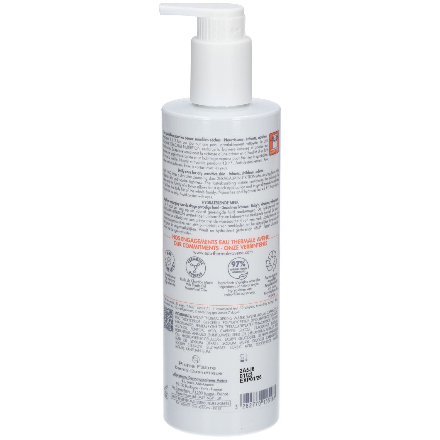 Achterkant van de witte fles met tekst en logo's. Bevat informatie over ingrediënten en recycling.