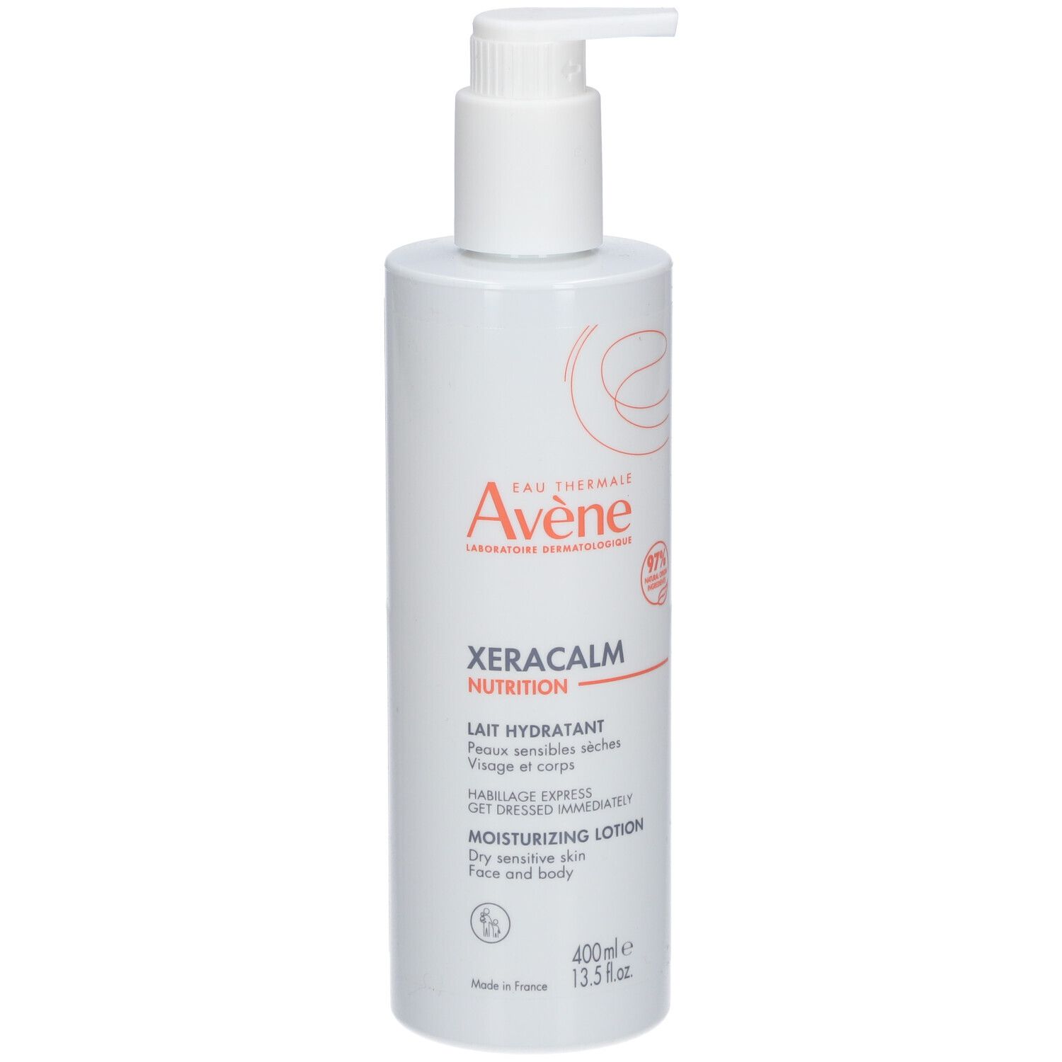 Witte fles met pomp. Opschrift: Avène XeraCalm Nutrition, hydraterende lotion. 400ml.