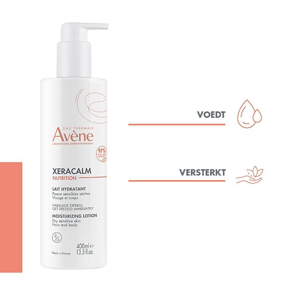 Witte fles met pomp. Opschrift: Avène XeraCalm Nutrition, hydraterende lotion. 400ml.