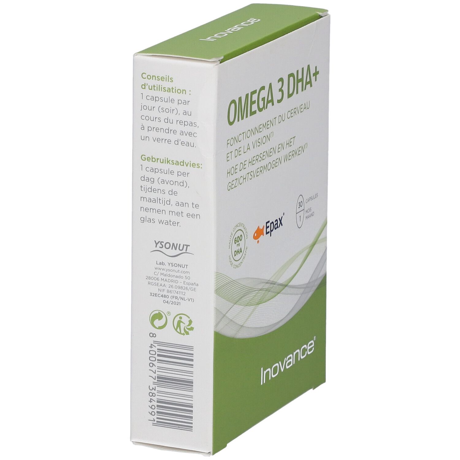 Boîte INOVANCE® Omega 3 DHA+. Inscription Omega 3 DHA+, 30 capsules. Emballage vert et blanc. Vue latérale.