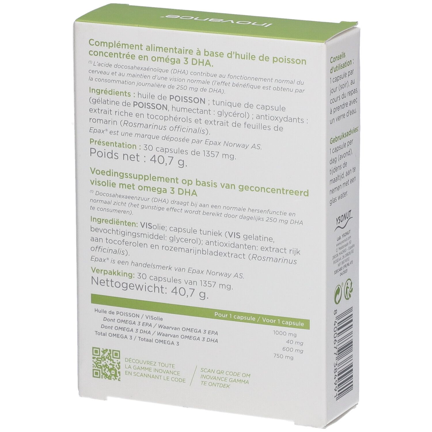 Dos de la boîte INOVANCE® Omega 3 DHA+. Texte sur les ingrédients et la valeur nutritionnelle. Emballage vert et blanc.