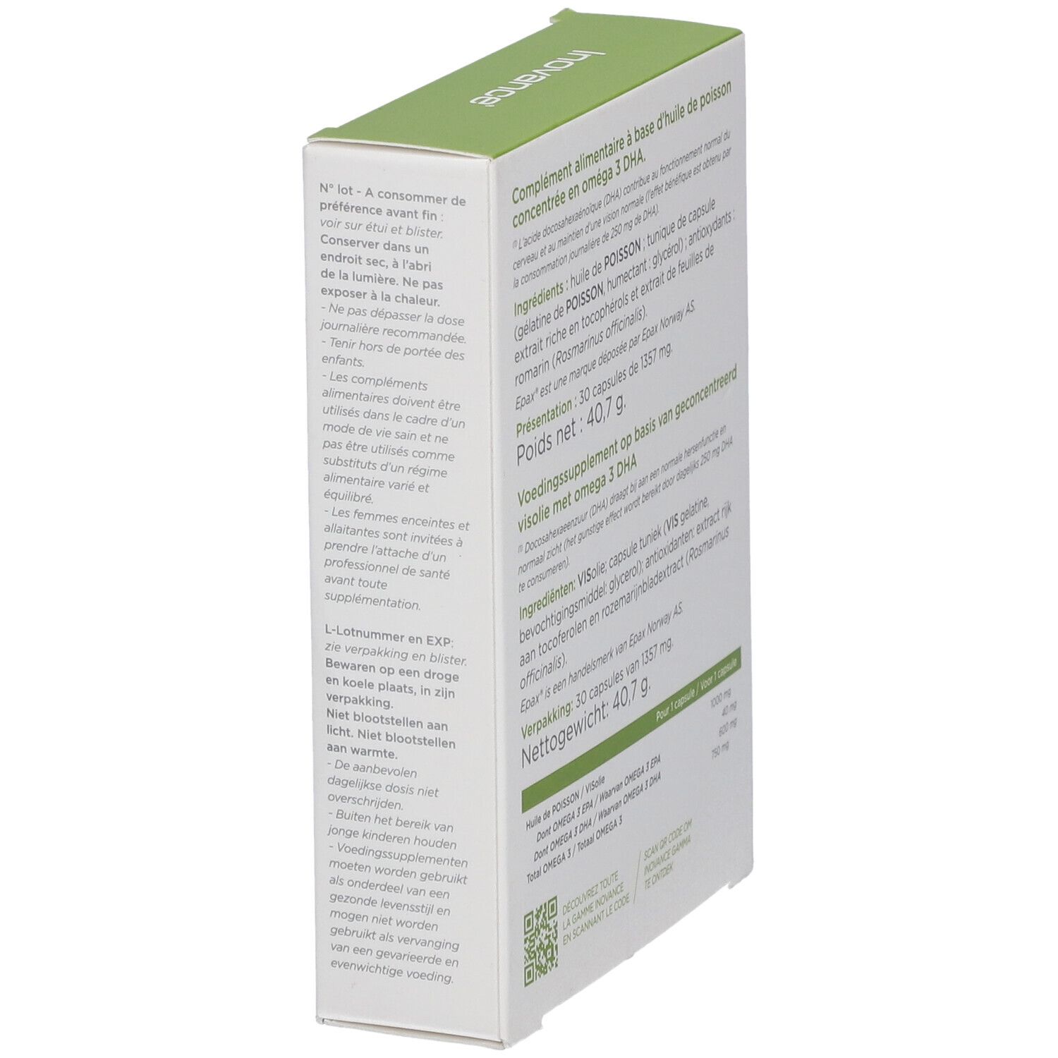 Boîte INOVANCE® Omega 3 DHA+. Texte sur les ingrédients et la valeur nutritionnelle. Emballage vert et blanc. Vue latérale.