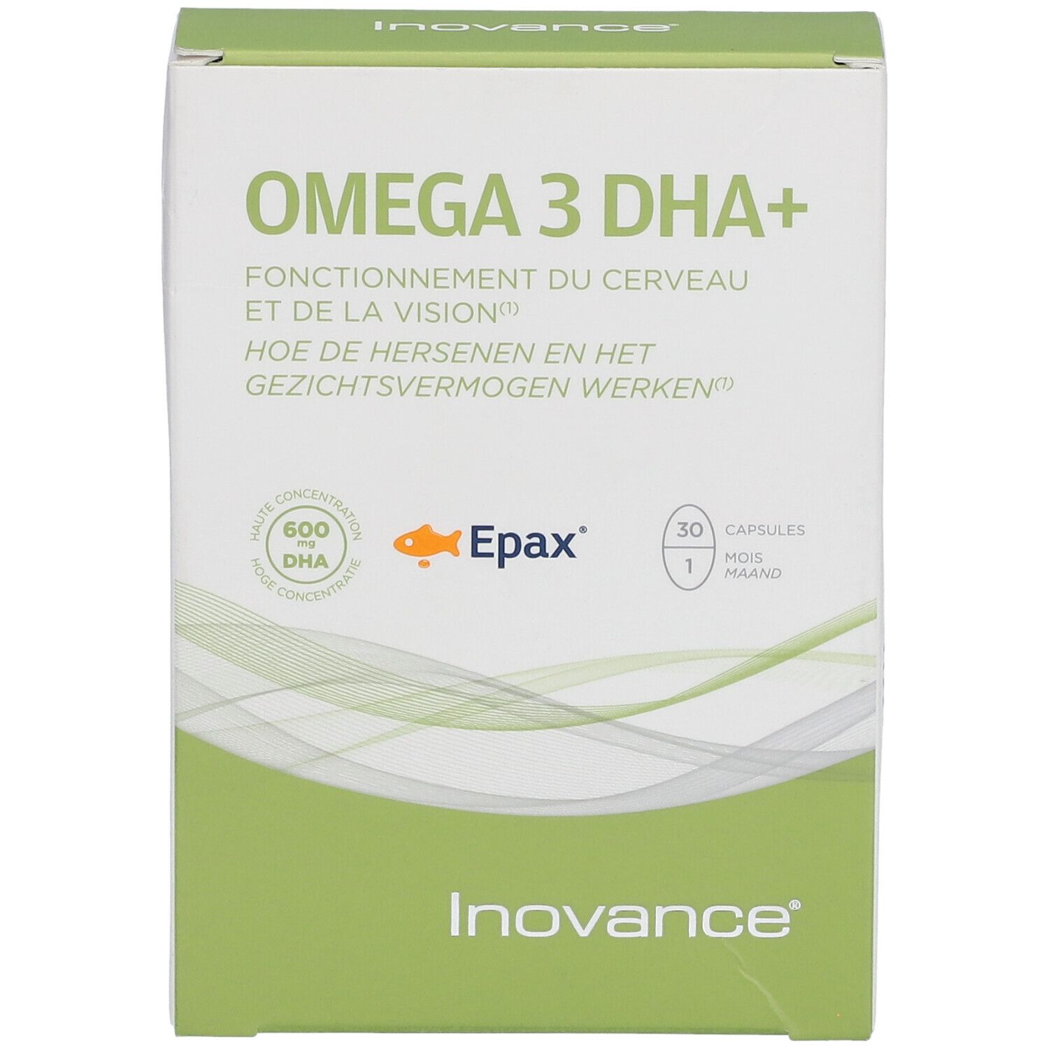 Boîte INOVANCE® Omega 3 DHA+. Inscription Omega 3 DHA+, 30 capsules. Emballage vert et blanc.